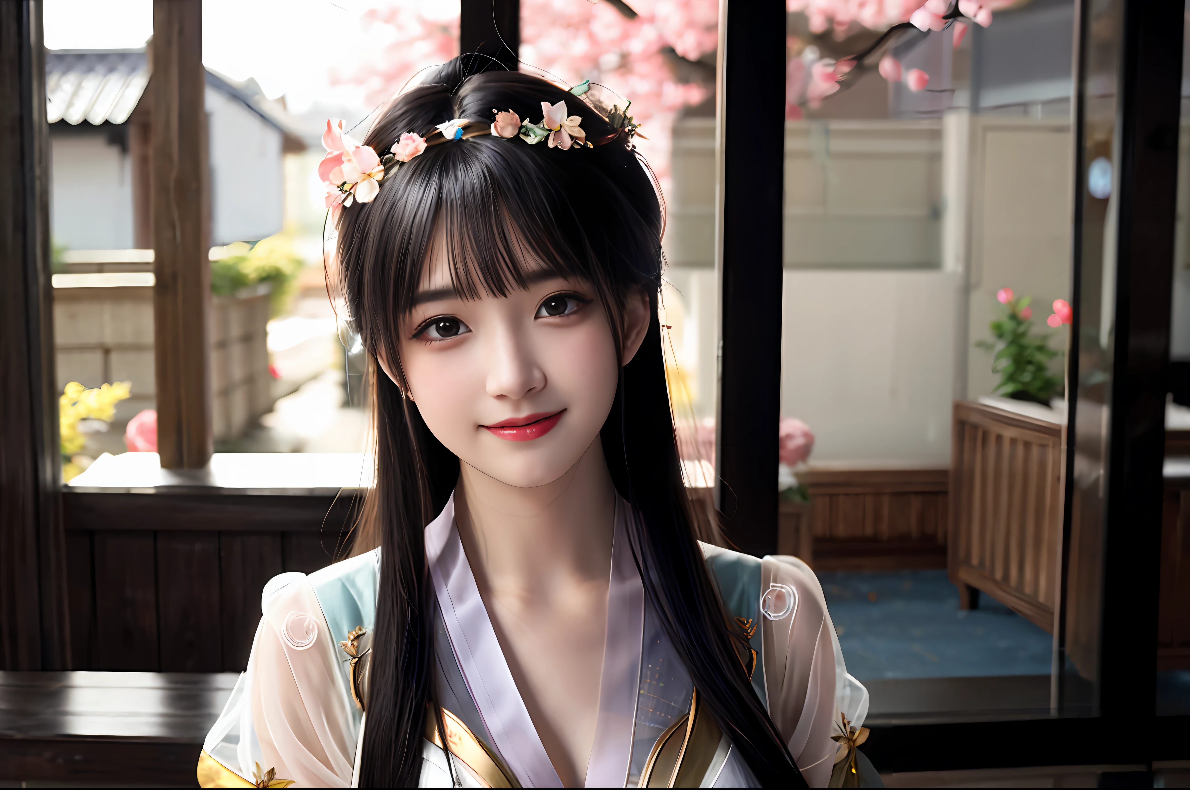one-girl,best qualtiy,tmasterpiece,A high resolution,a picture,realisticlying,high-detail face,Healing is a smile,largeeyes,long eyelasher,beauitful face,Hanfu,golden colored,cleavage,Large breasts,Beth,see-through transparent clothes,mont,SakuraNS,Medium Shot(MS),bokeh,softlighting,film