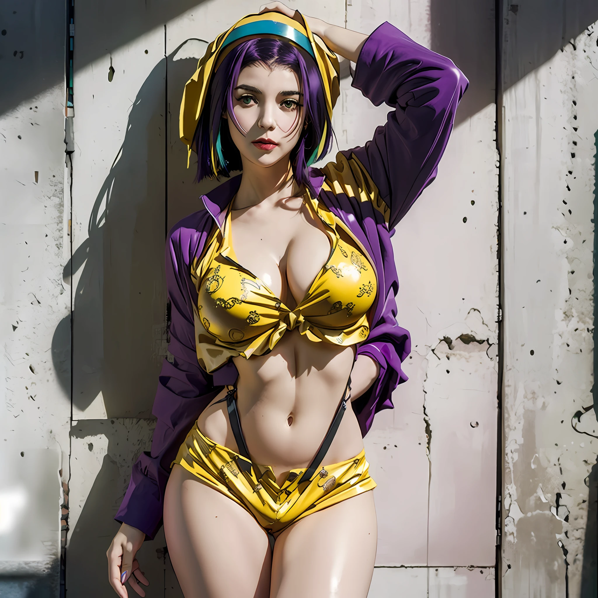 Faye Valentine, 1girl, green eyes, purple hair, medium breasts, cleavage, hairband, highleg, navel, panties, short hair, solo, yellow hairband, full body, wide shot, (realism:1.2), (masterpiece:1.2), (best quality), (ultra detailed), (intricate), (85mm), (highly detailed:1.2), (gradients), sfw, colorful, solo,