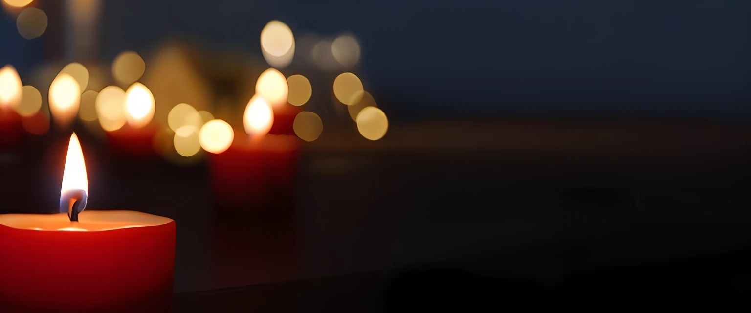 candles are lit in a row on a table with blurred lights, candles in foreground, bokeh volumetric lighting, bokeh + dof + 8k, candlelight, candle lit, candlelit, bokeh top cinematic lighting, dof and bokeh, candle lights, candle light, dark lit candles, anamorphic bokeh, lit with candles