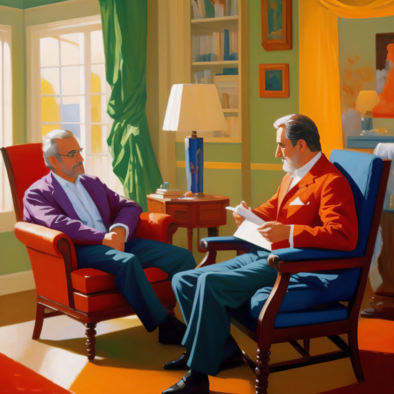scenecy: a psychologist in his armchair assisting his patient who is on a couch. estilo de pintura: "impressionismo", com cores vibrantes bem definidas em 8K. Paint in such a way that characters are easily recognizable and reveal the perfection of the characters' facial expressions.