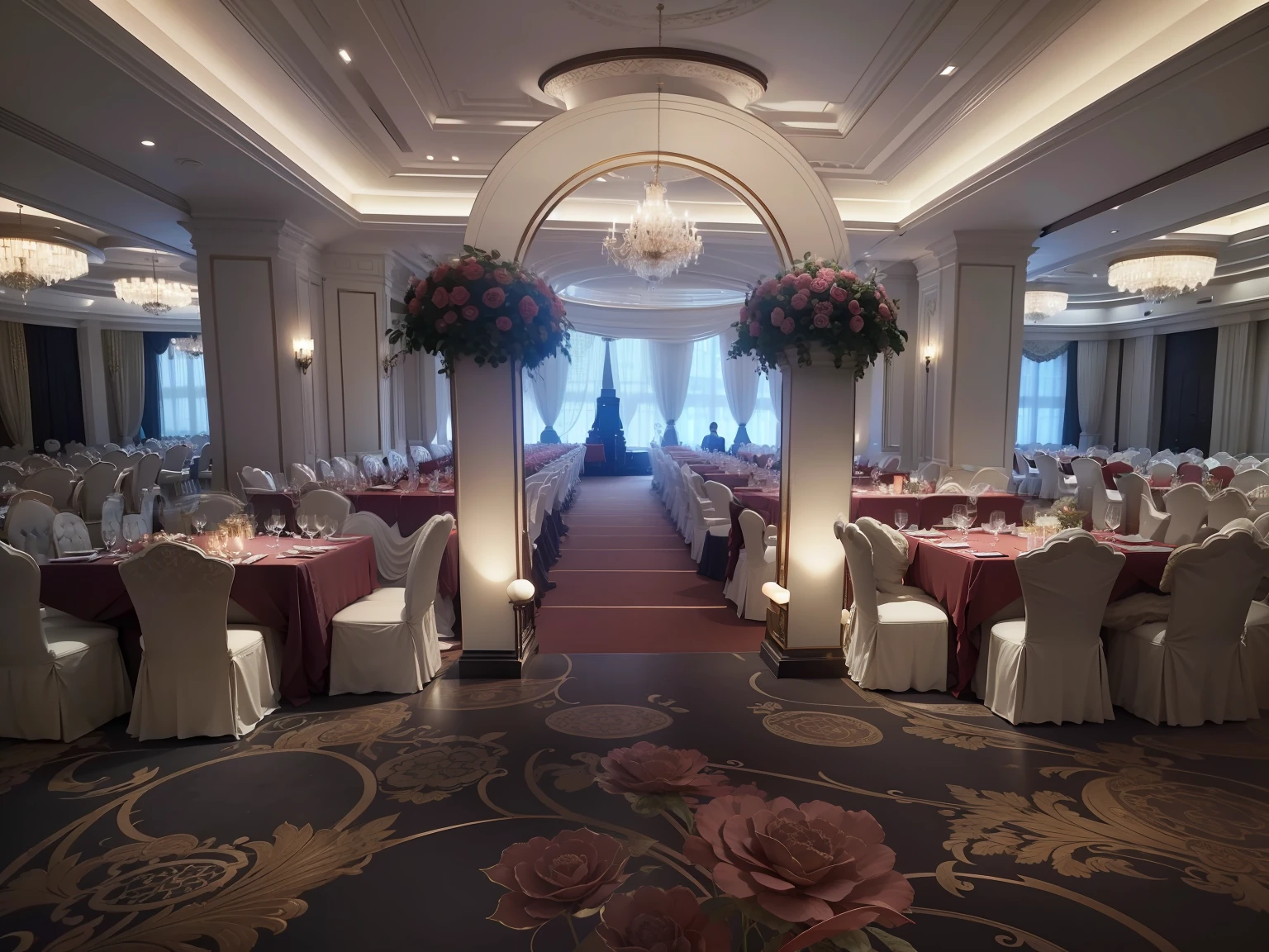 The table and chairs are set in a large room with chandeliers, ballroom background, ball room, big hall, inside a grand, enchanted surroundings, luxurious environment, interior setting, big hall, Grand, VIP Lounges, upscale restaurant, Gorgeous restaurant, changquan, in a large hall, full - view, full room view, Elegant atmosphere, shui mo hua