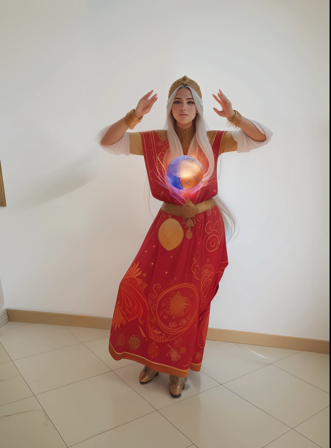 Jovem mulher guerreira, 28 anos, flowing hair, bola de cristal, joias, mandalas, filtros dos sonhos, velas, incensos,