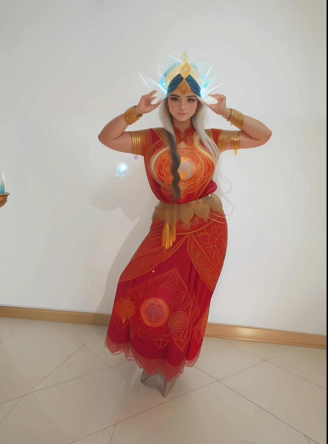 Jovem mulher guerreira,  28 anos, flowing hair, bola de cristal,  joias, mandalas, filtros dos sonhos, velas, incensos,