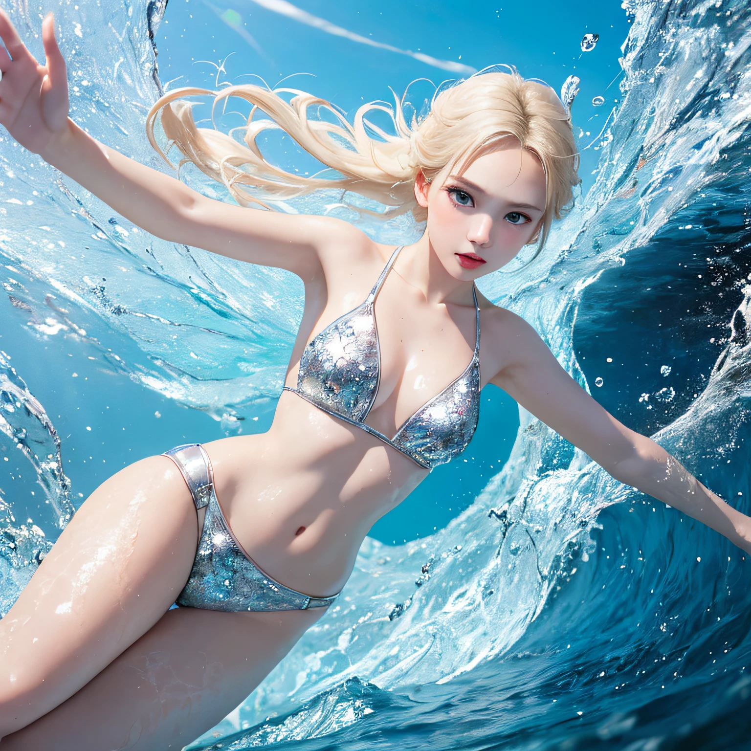 (in 8K, RAW Photos, of the highest quality, Masterpieces: 1.2), (Realistic, Photorealistic: 1.37), Highest Quality, Ultra High Resolution, light leaks, Dynamic lighting, Slim and smooth skin, (Full body:0.8), (Soft Saturation: 1.6), (Fair skin: 1.2), (Glossy skin: 1.1), Oiled skin, 18 years old, In the deep sea、a large amount of foam、Swimming、Sparkling white blonde、entranceway、Ice blocks、Ice Sparkle、Diamond Dust、Frozen