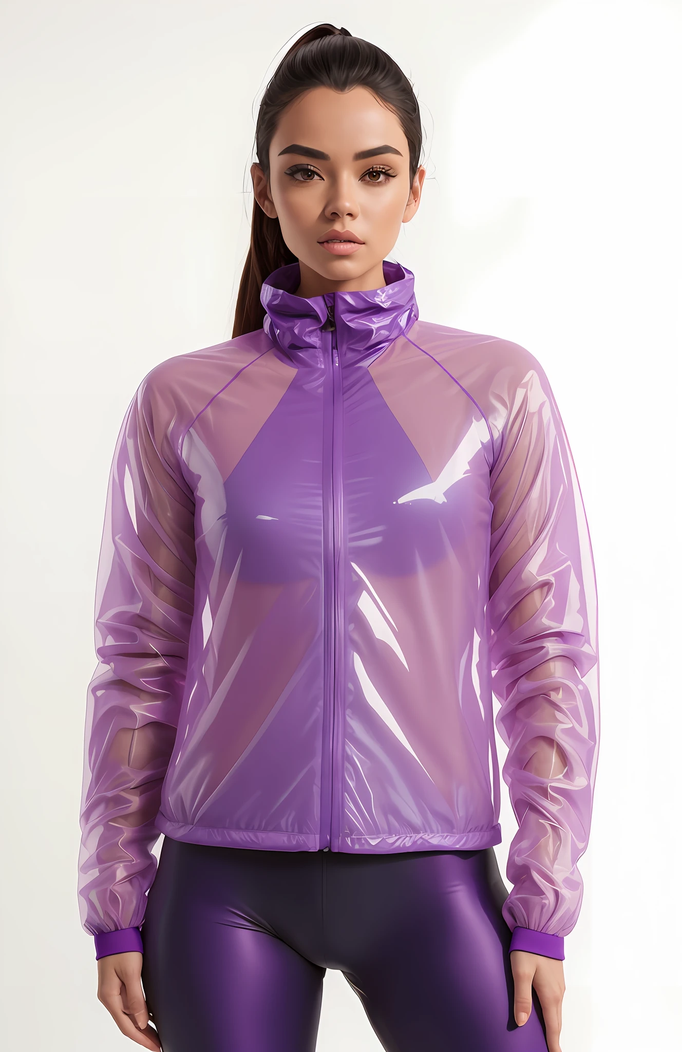 a woman wearing a translucent purple jacket and leggings, Translucent purple jacket and cut top underneath, roupas esportivas, suit jacket, capa dosca roxa, roupas esportivas, jaqueta esportiva, F / 2 0, uma jaqueta de terno roxo, jaqueta sobre tronco nu, wētā fx, Motivacional, She's wearing a matte coat., jaqueta curta, aura roxa, using matte translucent sheet