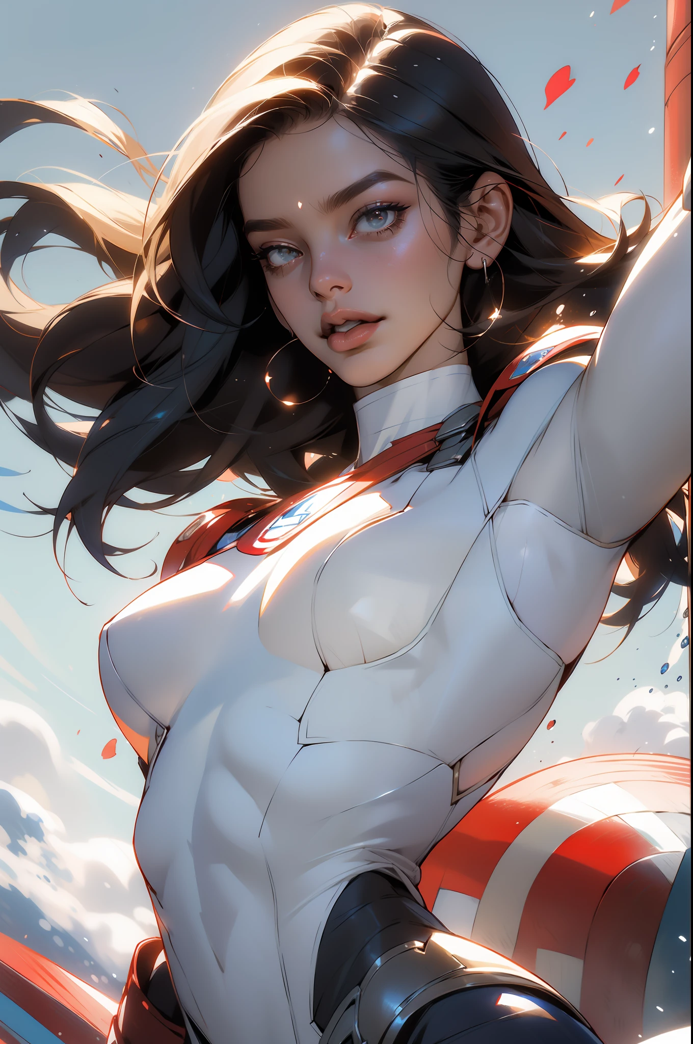 Nijistyle, muscular superheroine, corpo perfeito e proporcional, pose sexy, corpo inteiro, estrelas de 5 pontas, garota sorridente de cabelo super curto loiro, American influence, wearing Captain America's outfit, Michael Creese, usando um escudo redondo, Michael Hussar, fundo branco, short cut, roupa azul vermelho e branco, melhor qualidade, alta qualidade, foto editorial, absurdres, obra-prima, detalhe intrincado, grain of film, suas delicadas faculdades humanas seguram as notas ilustradas 2D, detalhe 4k, passo a passo