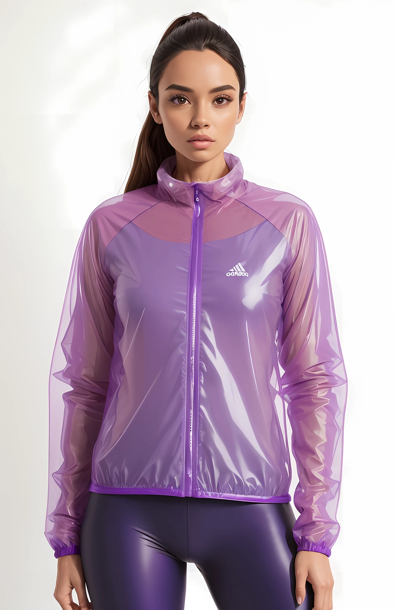 a woman wearing a translucent purple jacket and leggings, Translucent purple jacket and cut top underneath, roupas esportivas, suit jacket, capa dosca roxa, roupas esportivas, jaqueta esportiva, F / 2 0, uma jaqueta de terno roxo, jaqueta sobre tronco nu, wētā fx, Motivacional, She's wearing a matte coat., jaqueta curta, aura roxa, using matte translucent sheet