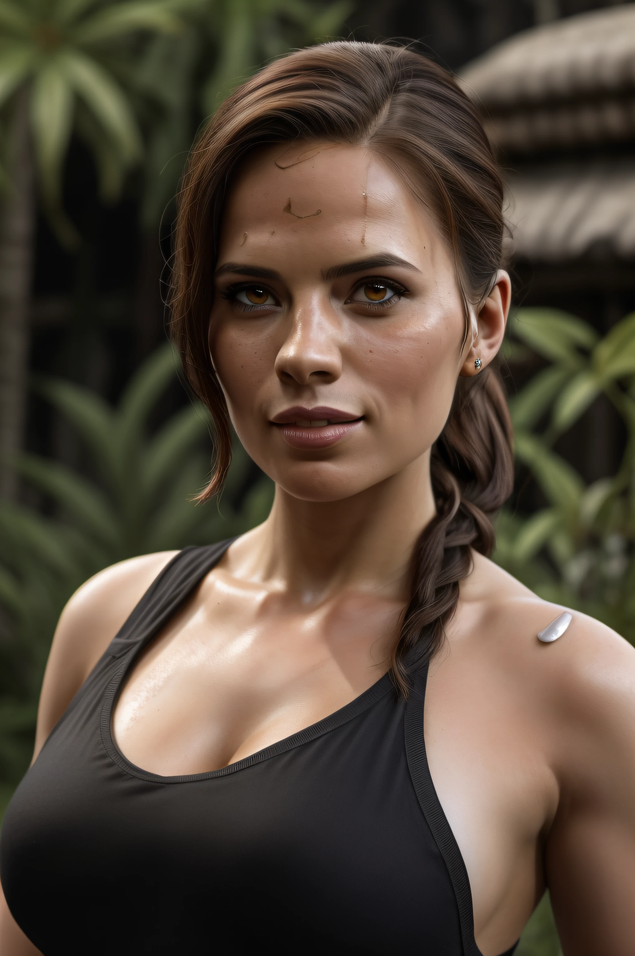 Beautiful woman, Hayley Atwell, wearing a (Lara Croft cosplay), (tomb raider), action pose, beautiful legs, (long ponytail), detailed eyes, (detailed realistic face), skin texture, freckles, blush, confident smile, highly detailed, modelshoot style, (extremely detailed CG unity 8k wallpaper), (whole body shoot) photo of the most beautiful artwork in the world, fashion top model, trending on ArtStation, trending on CGSociety, Intricate, High Detail, Sharp focus, dramatic, photorealistic painting art by midjourney