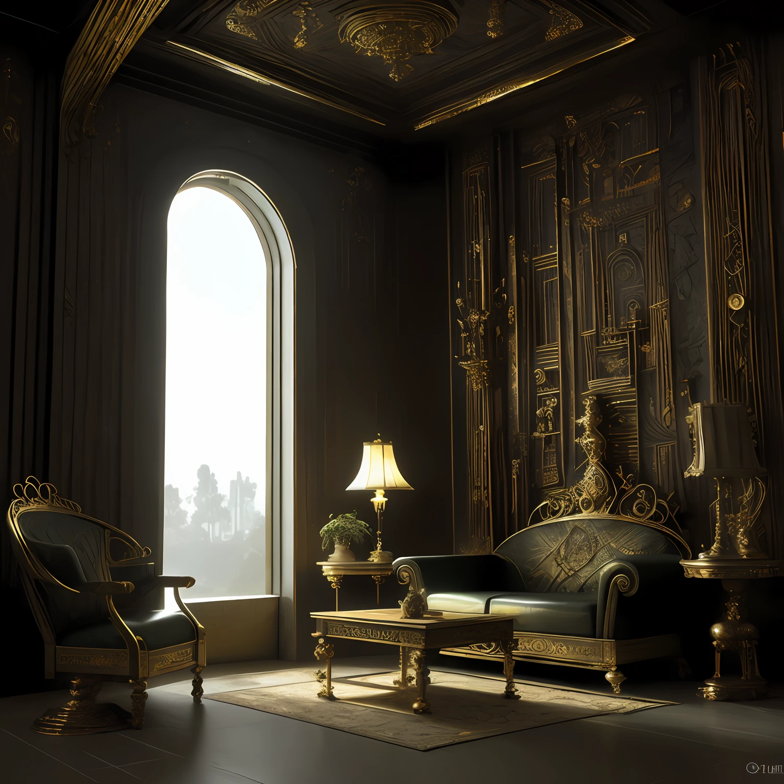 There are many balls and ornaments on the floor of a room, rustic throne room, Tesouros dourados nas paredes, orbes dourados, Detalhe intrincado Realismo HDR, HDR render, Sala do trono decadente, Interior of the post-apocalyptic palace, highly detailed texture render, HDR altamente detalhado, paredes de madeira, brass panels, interior cyberpunk ornamentado, sala do tesouro, steampunk factory background, Sala do Trono, fundo steampunk