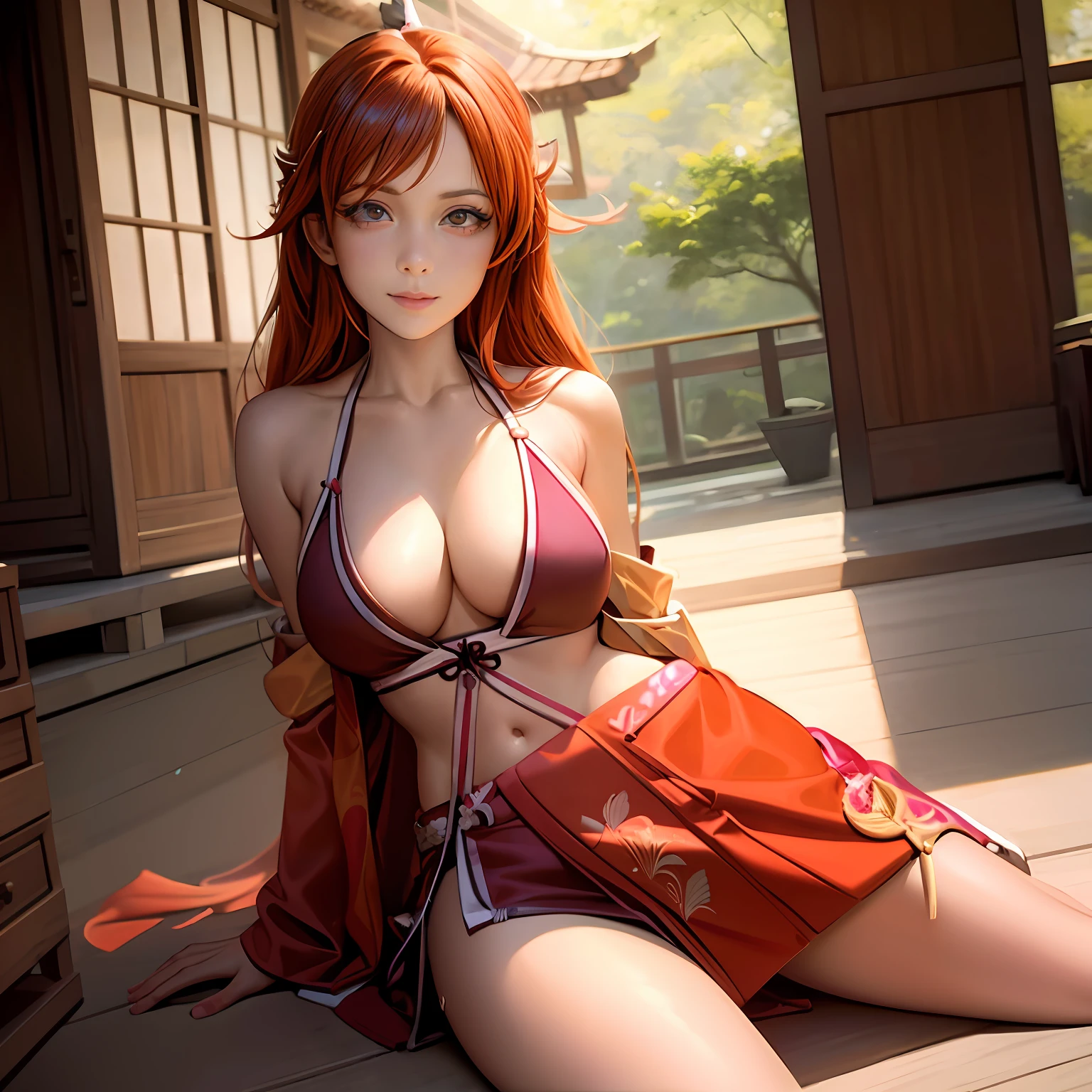 Anime - Style woman sitting on the floor in red and orange outfits, seductive anime girls, Japanese goddess, beautiful and seductive anime woman, Ayaka cosplay, Also, Anime goddess, Photorealistic anime, 3 d anime realistic, nami one piece, beautiful portrait of nami, nami from one piece, Realistic anime 3 D style, Extremely detailed Artgerm