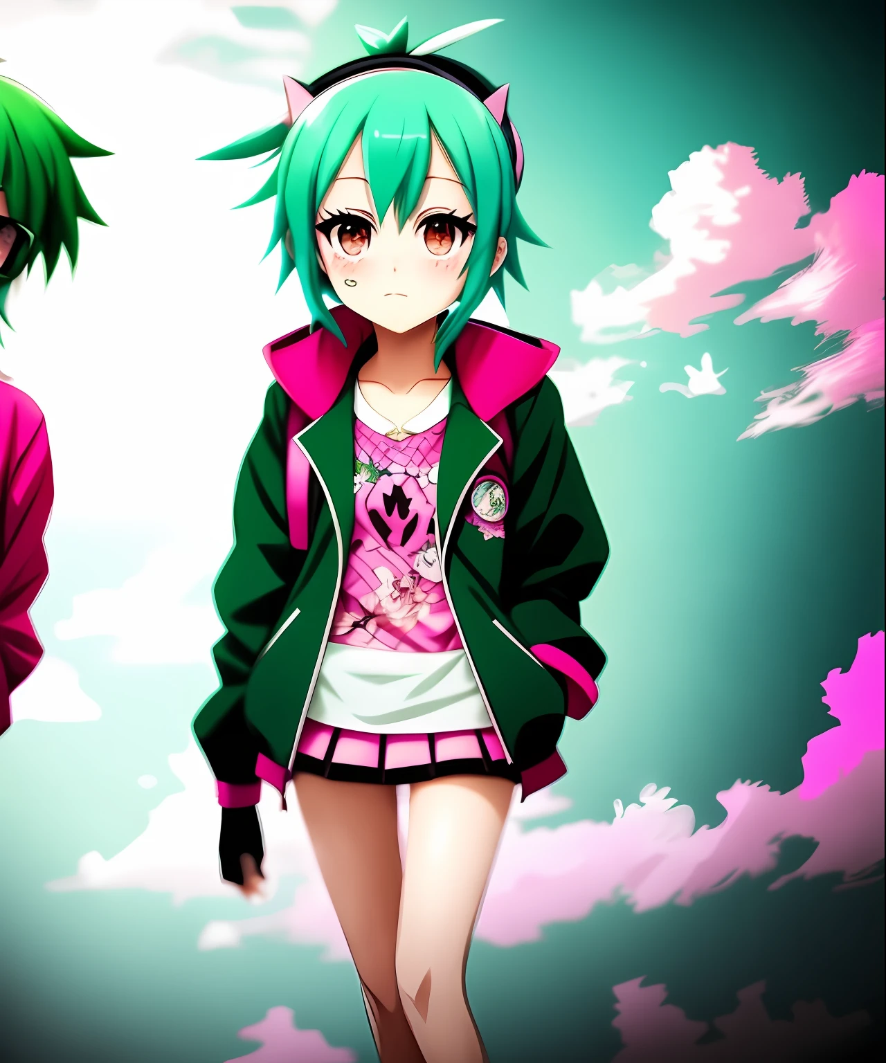 Anime girl with green hair and pink jacket smoking cigarette, anime moe art style, Anime girl named Lucy, Cute anime girl, Anime Best Girl, (Anime Girl), Rei Hiroe, young anime girl, pretty anime girl, Mikudayo, Ecchi anime style, beautiful anime high school girl, Anime Girl, an anime girl