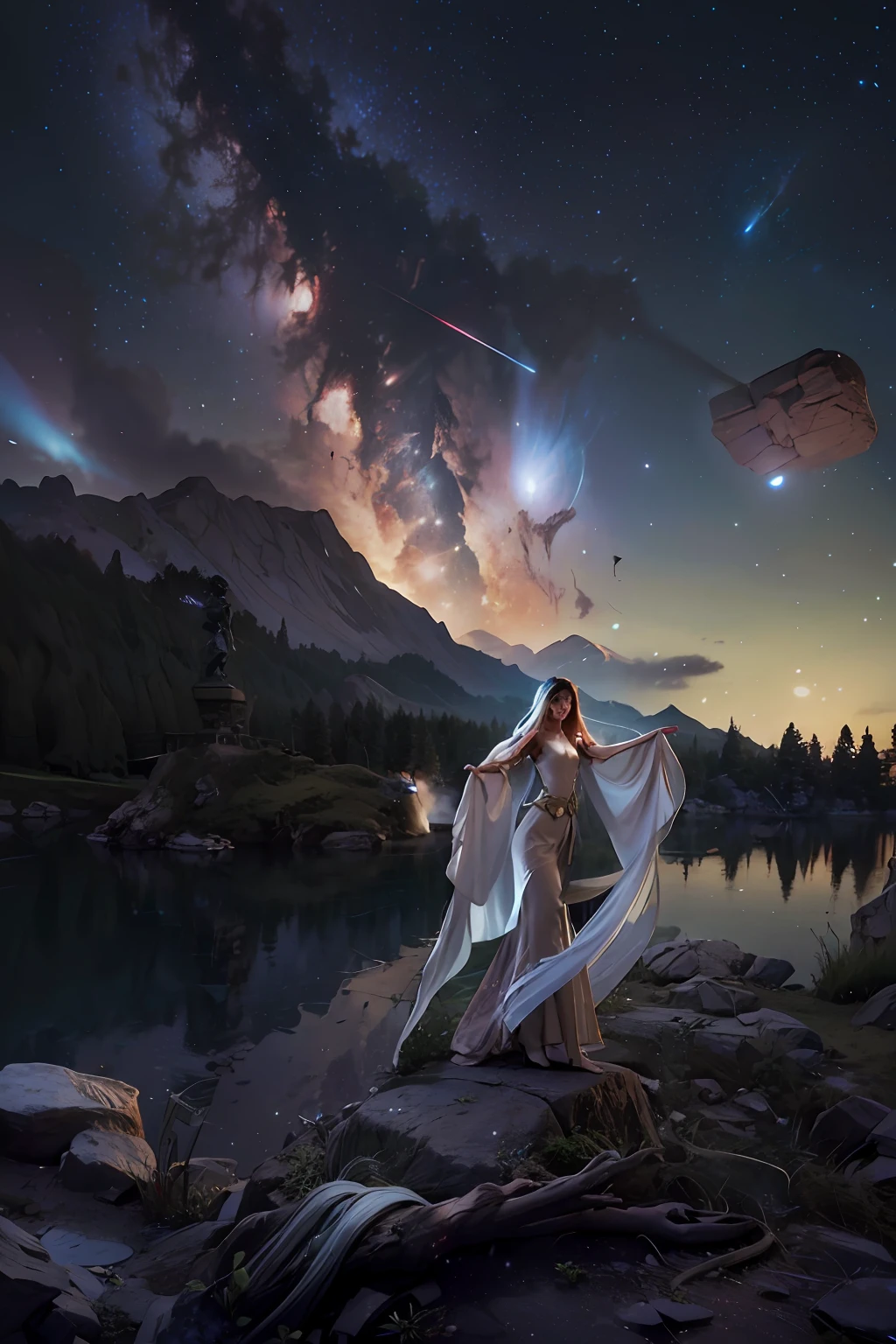arafed woman standing on a rock with a flowing dress, ethereal beauty, angel falling to andromeda, goddess of galaxies, she is approaching heaven, realistic fantasy photography, fantasy photography, beautiful and mysterious, stunning photoshot, epic and stunning, cosmic goddess, wayne barlowe pierre pellegrini, mikko lagerstedt, during a meteor storm, celestial goddess