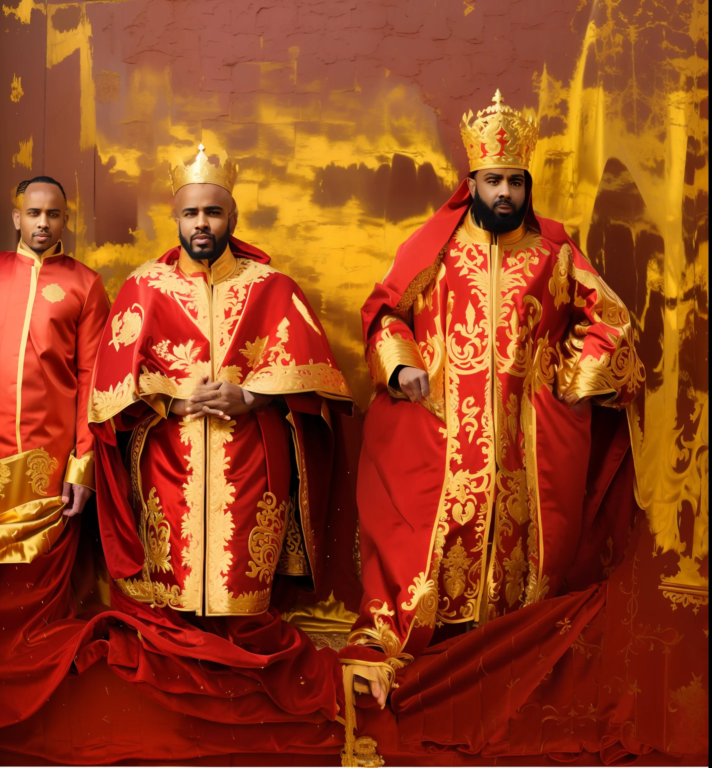Cartoon design, arafed photograph of a group of men in red and gold clothing, wearing gilded red royal robes, wearing gilded red robes, ethiopian, wearing gilded robes, fully clothed in red robes, elaborate cult robes, wearing ornate clothing, wearing red robes, coronation, emir, [ colourful, red and gold sumptuous garb, ornate attire, ancient kings in white robes