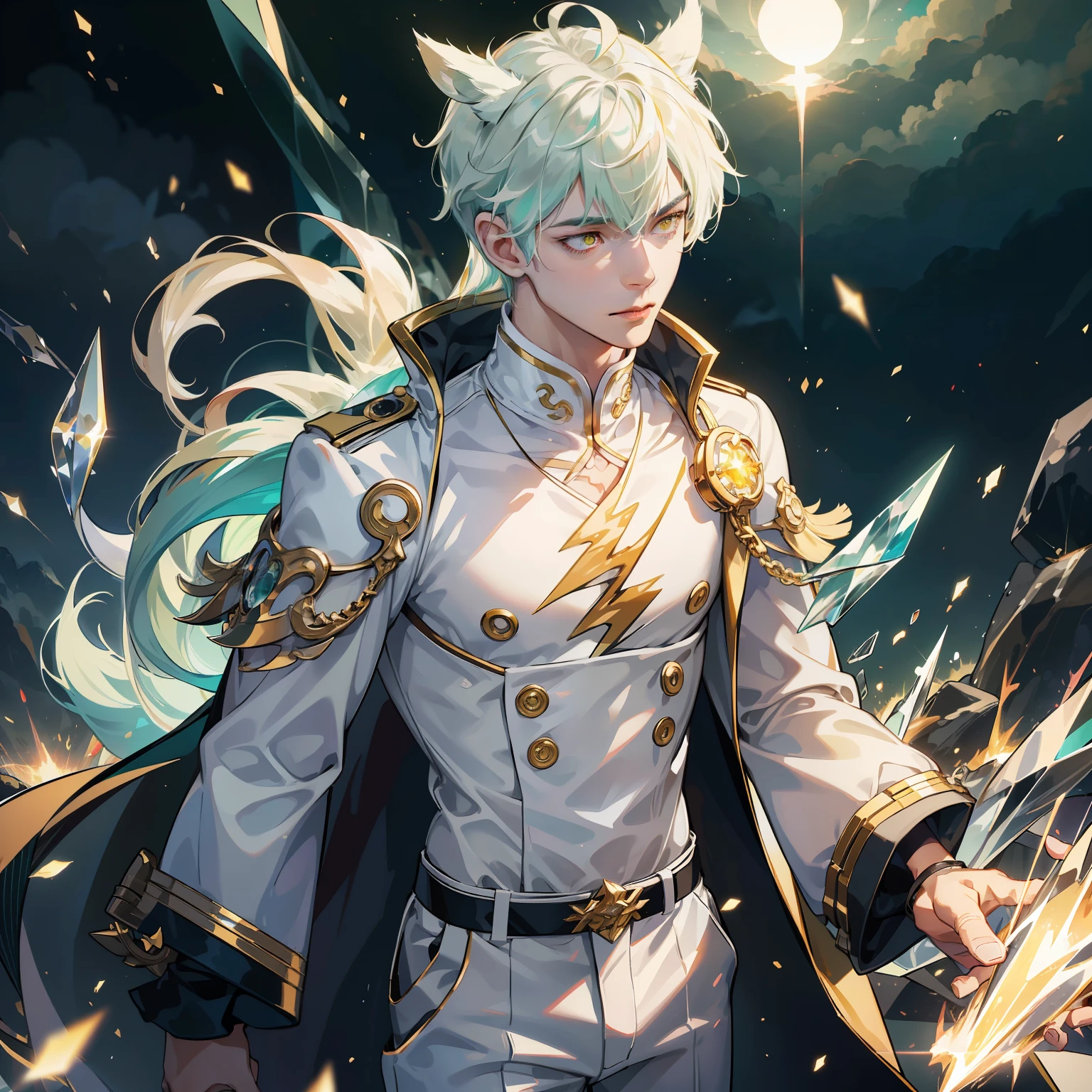1boy, a guy with animal ears, sporting green bangs, and captivating yellow eyes with slit pupils. Embodying the essence of a mischievous demon with a touch of light. official art, masterpiece, sharp focus,realistic, ultra detailed, low white particle, (sidelighting:1.2), sun light, electric, lightning, the demon's power is light, his outfit consists mainly of white garments and golden accessories with thunderbolt symbols,crystallineAI
