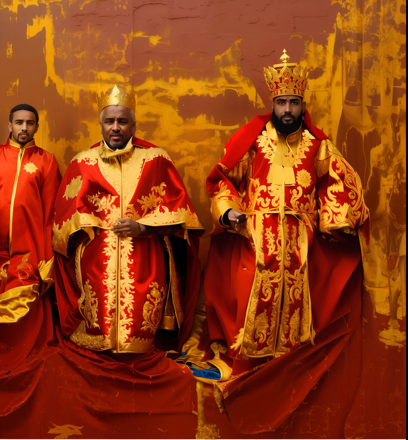 Cartoon design, arafed photograph of a group of men in red and gold clothing, wearing gilded red royal robes, wearing gilded red robes, ethiopian, wearing gilded robes, fully clothed in red robes, elaborate cult robes, wearing ornate clothing, wearing red robes, coronation, emir, [ colourful, red and gold sumptuous garb, ornate attire, ancient kings in white robes