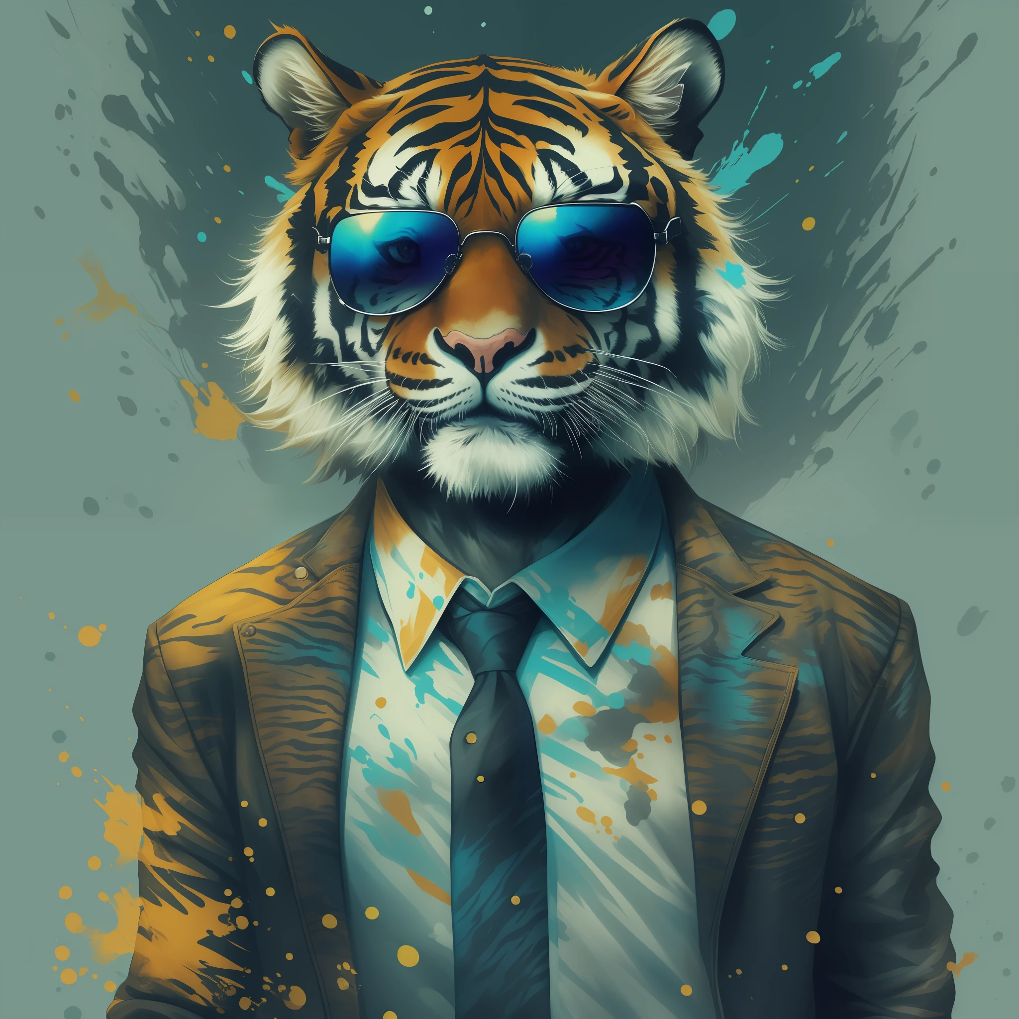 a tiger wearing sunglasses and a shirt with paint splatters, cosmic tiger, ((tiger)), cool face, hd phone wallpaper, cool glasses, phone wallpaper hd, anthropomorphic tiger, looking heckin cool and stylish, half tiger, digital art animal photo, amazing wallpaper, extremely high quality artwork, cool looking, tigers, badass look, badass filters and effects