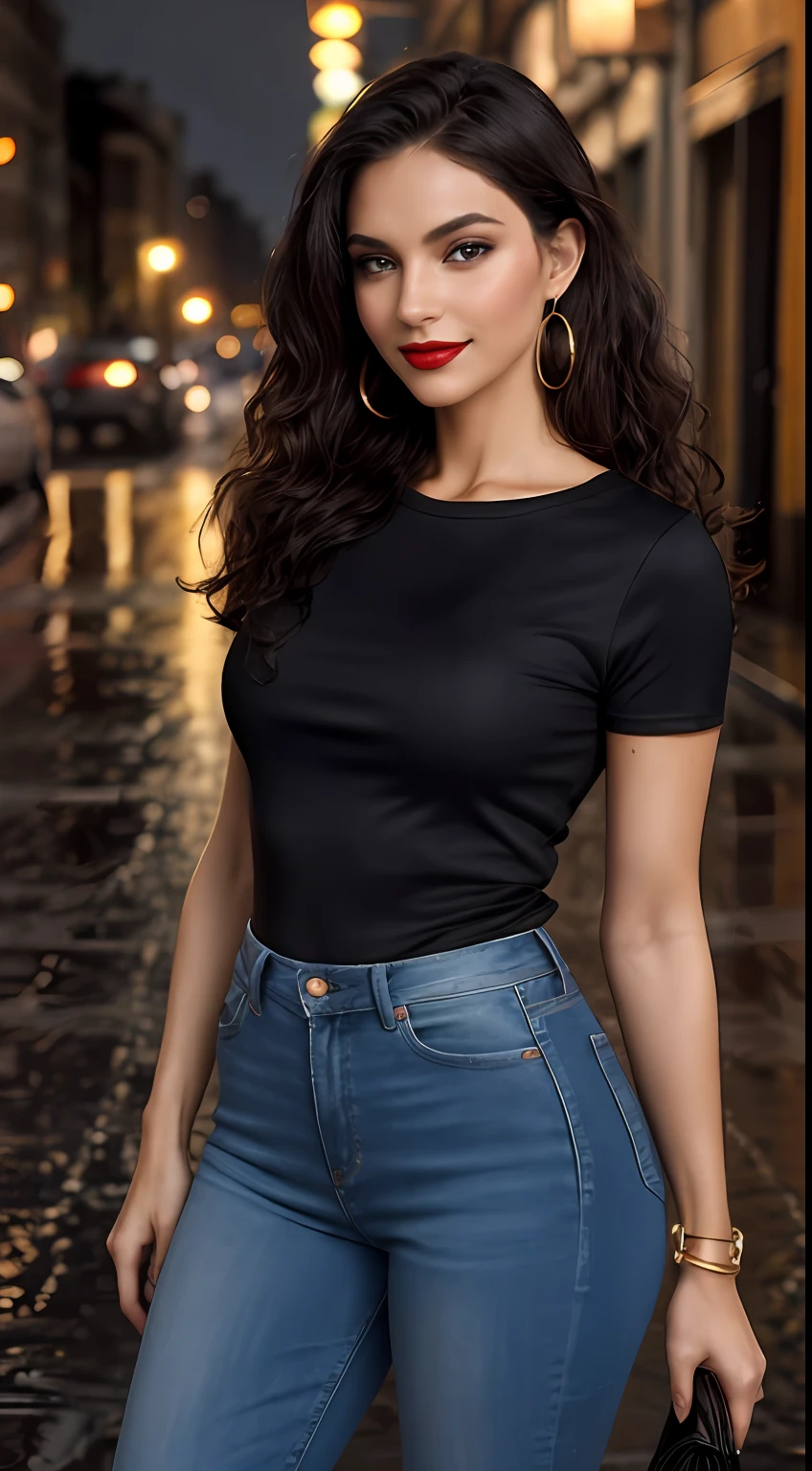 ((Best Quality, 8k, Masterpiece:1.3)), Focus: 1.2, Perfect Body Beauty: 1.4, front looking 1.2, ((Long weavy Hair)), (Black round neck plain Tee-shirt, regular fitting:1.1) , (Rainy, Street:1.3), mid black skinny torn jeans, full length jeans: 1.1, Highly detailed face and skin texture, Detailed eyes, Double eyelids, toned body, Whitened skin, smile, black curly hair's, heels, perfect feet's, firm breasts, firm thiges, looking at camera, fashion shoot style, full body length tee-shirt, Short sleeves, high heels, beautiful feet's, casual jewelry, earrings, hand bangle's and golden watch, carrying brown handbag, golden neck chain, red lipstick, night rainy atmosphere, roads lights on, buildings light on, wet road, cars, wearing dark sunglasses