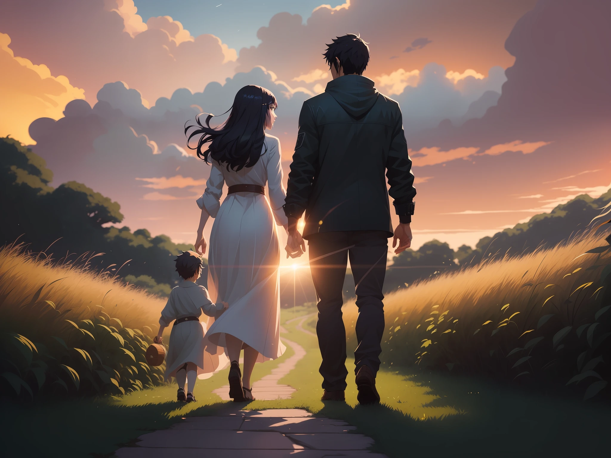 There is a man and a woman walking down a path with a child, Arte no estilo de Guweiz, por RHADS, arte conceitual | RHADS, Makoto Shinkai Cirilo Rolando, estilo de arte charlie bowater, Rhats e Lois van Baarle, Atey Ghailan 8 K, rob rey and kentarõ miura style