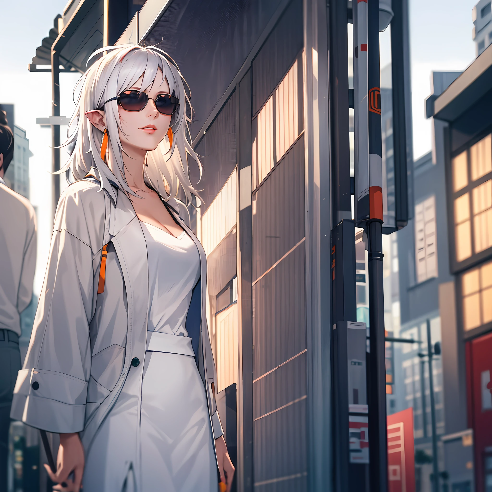 Backlit, messy hair, detailed head portrayal, street style, street clock in, 1 stunning woman, hydrated skin, hydrated lips, fashionable sunglasses, (white hair), (grainy texture), (white to red), color blue&orange contrast, facing the camera directly