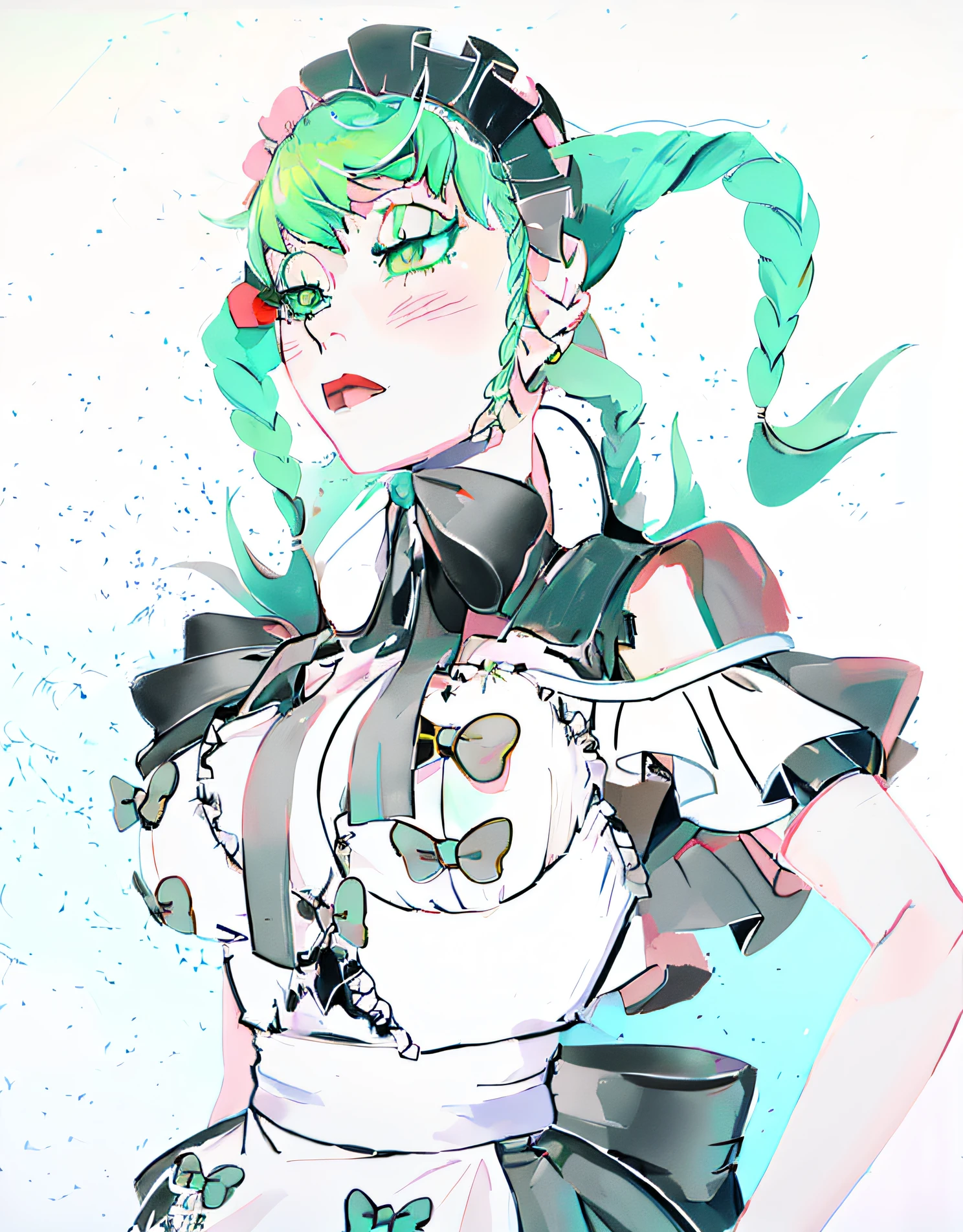 anime girl with green hair and red bow in white dress, anime girl in a maid costume, tatsumaki, marin kitagawa fanart, loli, by Shinoda Toko, official art, demon slayer rui fanart, by Kentaro Miura, made with anime painter studio, anime cat girl in a maid costume, high quality colored sketch, rococo cyberpunk