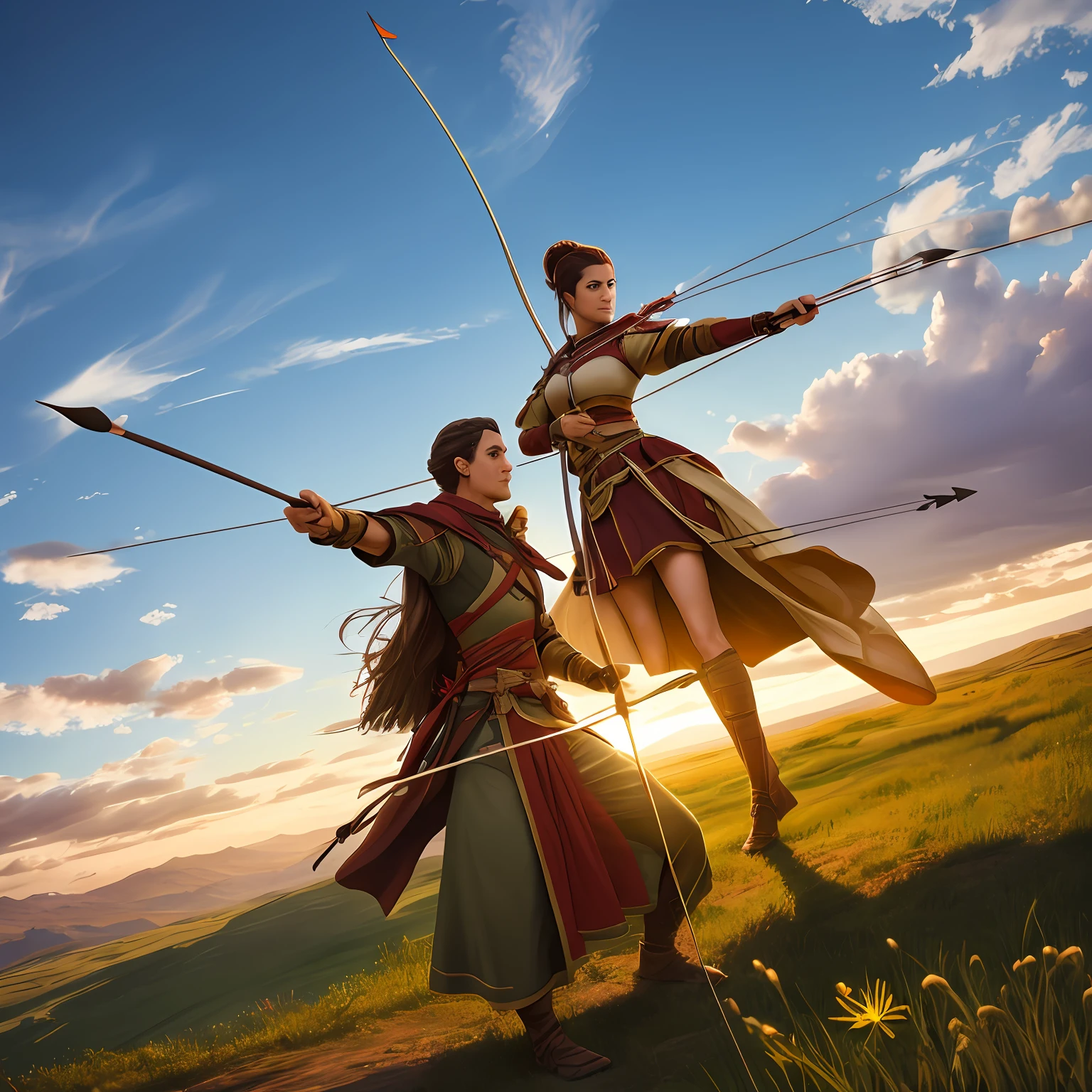 "A willow and an archer in an epic pose, ambos envoltos por uma aura luminosa." --auto
