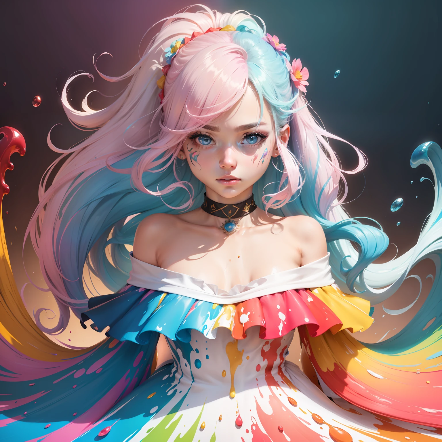 (Pink fashion T-shirt:1.9),(Colorful hair:1.8),(Rainbow all colors:1.8),((((Vertical painting:1.6))),(painting of a:1.6),frontage,comic strip,illustration,painting of a,largeeyes,crystal-clear,(rainbow color gradient high ponytail:1.7),Delicatemakeup,Keep one's mouth shut,(Small Fresh:1.5),(Bandeau:1.6),long eyelasher,White shoulder T- shirt, White Shoulder Shirt,looking at viewert,watery big eyes,(rainbow colour hair:1.6), color splash, (solo:1.8), color splash, color explosion, colour splash, color explosion, Thick lacquer style,Messy lines,((shining)) ,(colorful), (colorful), (colorful), colorful, Thick Paint Style, (Splash) (Color Splash), Vertical Painting, Upper Body, Paint Splash, Acrylic Pigment, Gradient, Paint, Highest Image Quality, Highest image quality, Masterpiece, Solo, Depth of Field, Face Paint, colorful clothes, (ellegance: 1.2), opulent, long whitr hair, ventania, (ellegance: 1.3), (petals: 1.4),(((masterpiece))),(((Best quality at best))),((ultra - detailed)),(illustratio),(dynamic angle),((floatking)),(Paintwork),((Loose hair)),(solo),(1girl) , (( (Detailed anima face))),((Beautiful detailed face)),collars,exposed bare shoulders,whaite hair,((The color hair)),((Striped hair)),Beautiful detailed eyes,(Gradient color eyes),(( (Colored eyes))),(((coloured background))),(((high saturated))),(((Surrounded by colorful splashes))),Flat chest