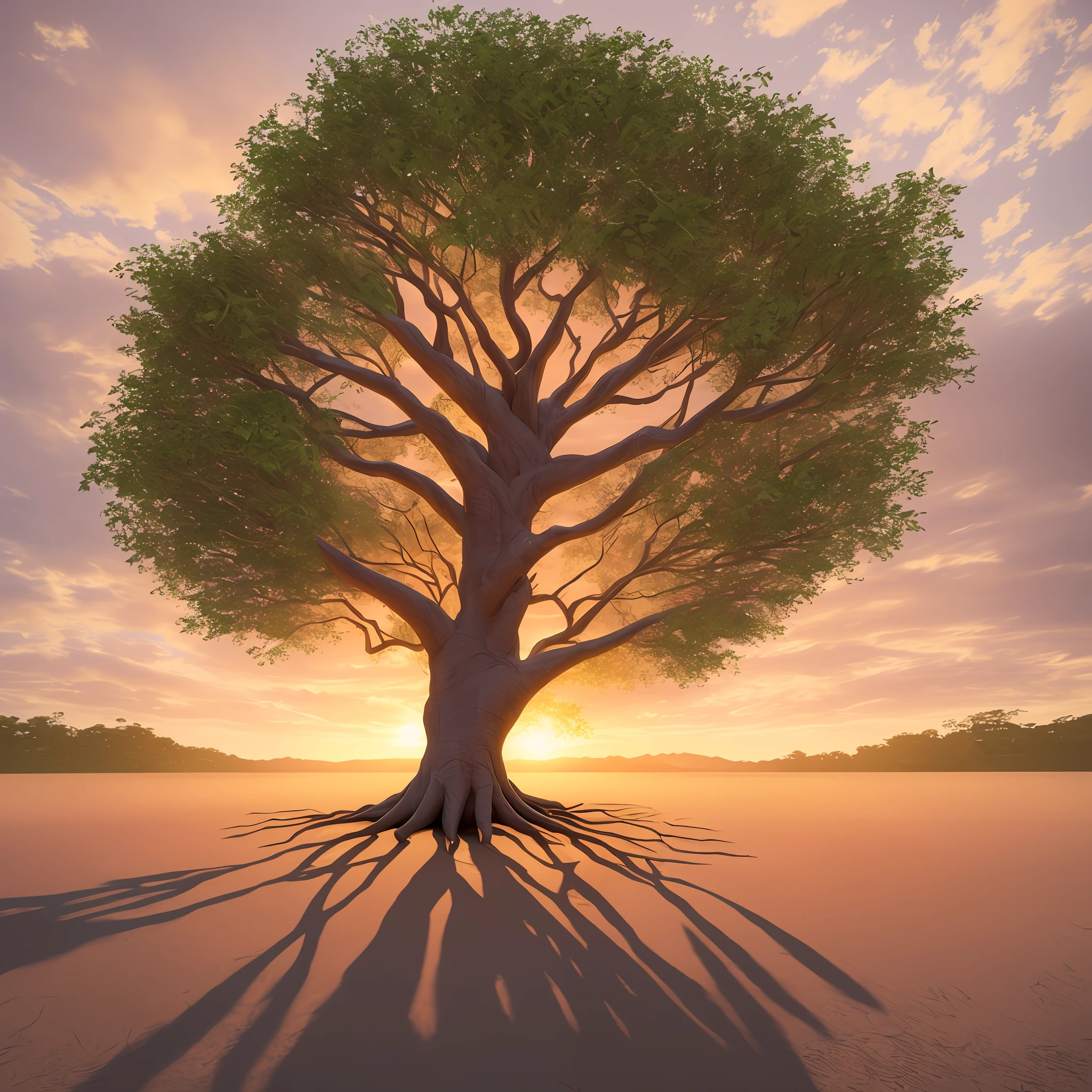 Arafed tree with the sun setting behind it in a desert, tree of life seed of doubt, large tree casting shadow, The Bodhi tree at sunset, fantasy tree, the tree of life, one tree, Tree of Life, ancient tree, single tree, Described as a 3D rendering, a beautiful tree, altamente renderizado, Large tree, pink tree, com luz sobre ela, dramatic, obra prima, unidade cg altamente detalhado