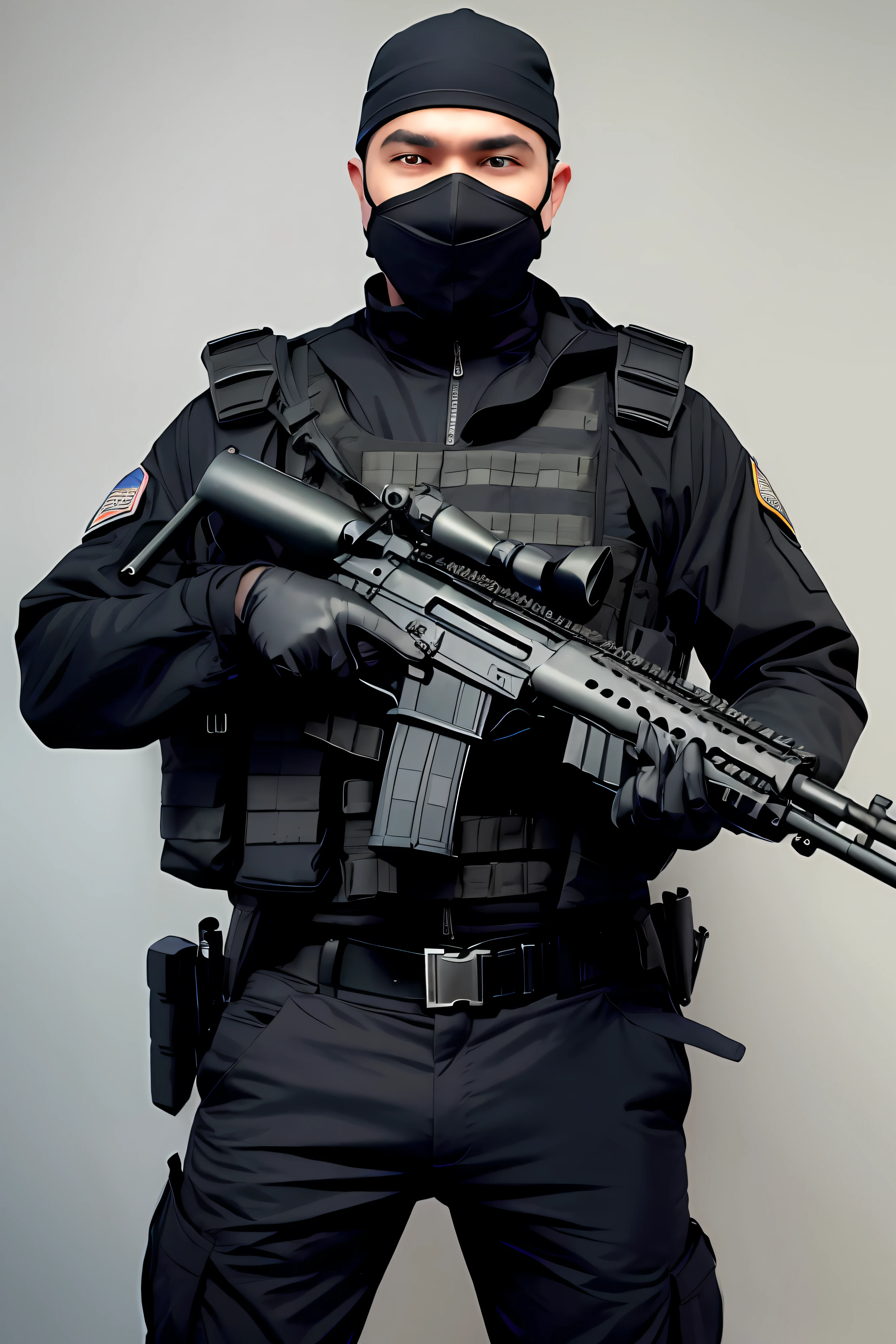 Man in black mask and black uniform holding a gun, wearing tactical gear, special forces security, Airsoft CQB, Swat, tactical armor, man is carrying a rifle, SSAO, tactical vests and holsters, military police, roupa completa do soldado, portando um fuzil, segurando um mp7, com fuzil, militar
