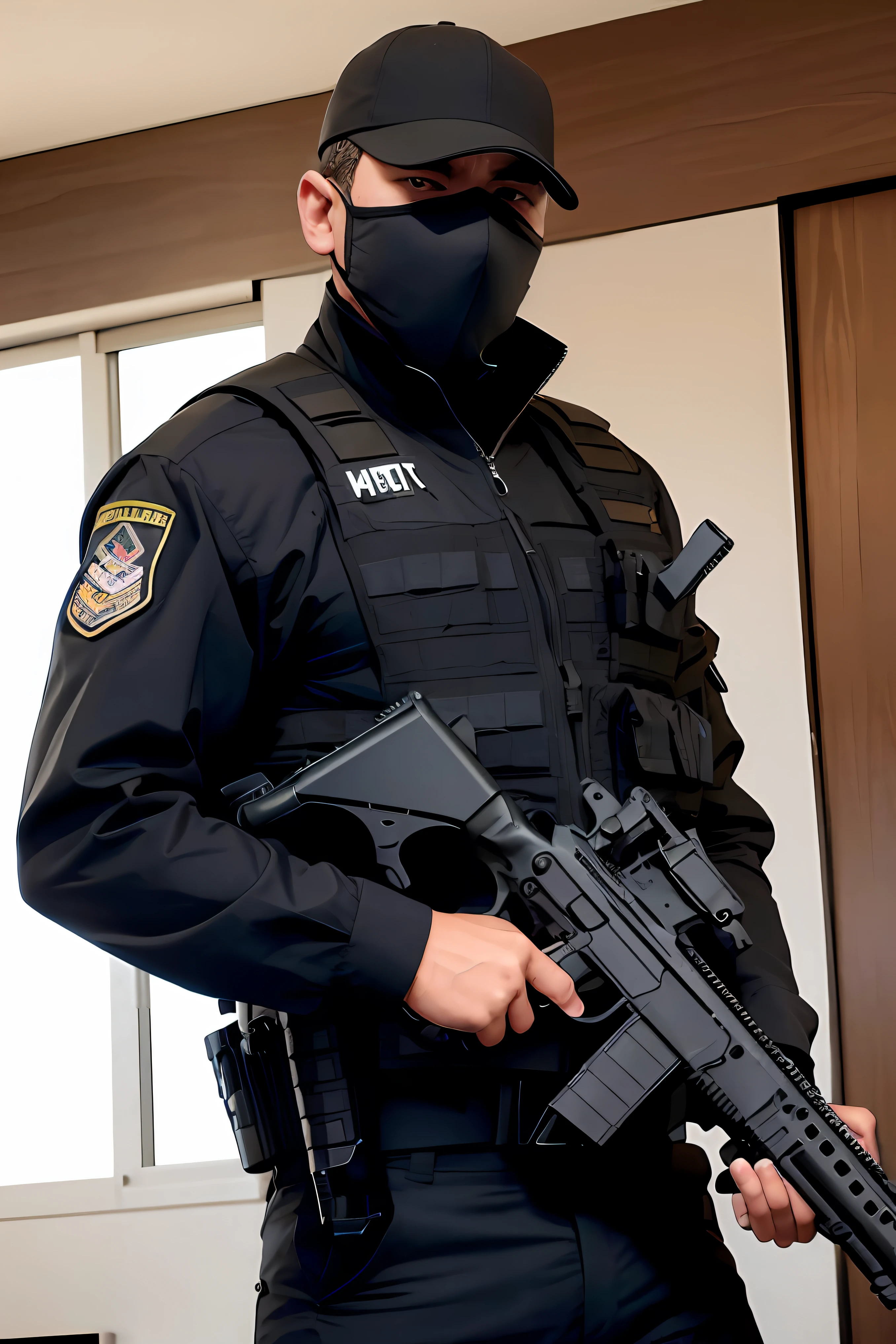 Man in black mask and black uniform holding a gun, wearing tactical gear, special forces security, Airsoft CQB, Swat, tactical armor, man is carrying a rifle, SSAO, tactical vests and holsters, military police, roupa completa do soldado, portando um fuzil, segurando um mp7, com fuzil, militar