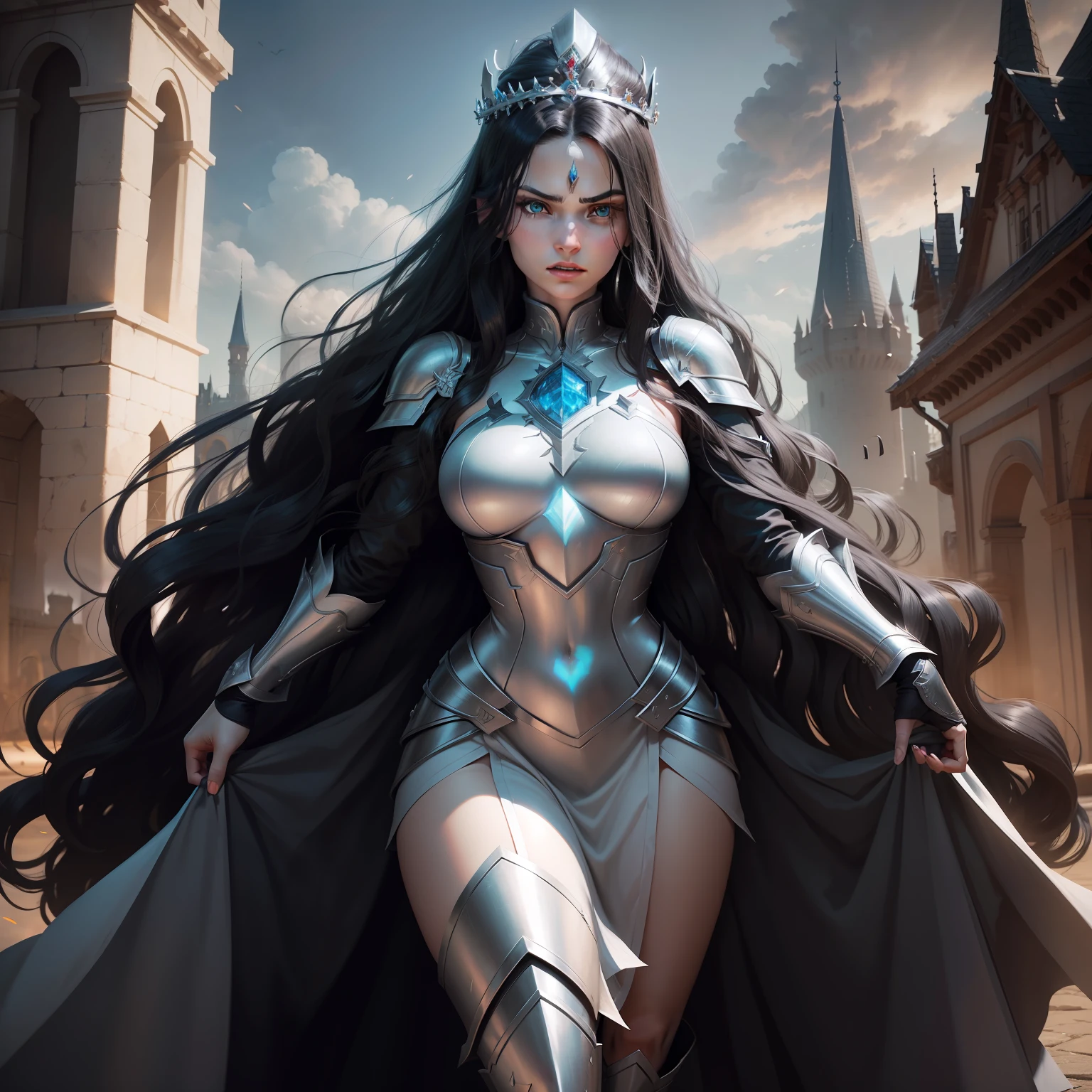 Powerful woman, full body, black fire in hand, black hair, long wavy hair, blue eyes, chaos power, full silver armor, silver tiara crown on head, serious gaze, shining eyes, slightly open mouth, red lips, castle background, White skin