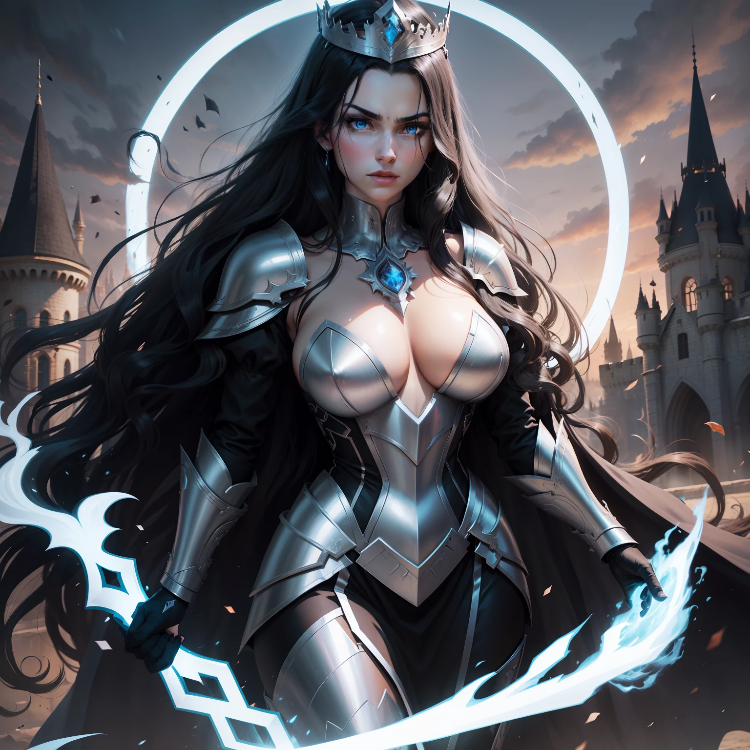 Powerful woman, full body, black fire in hand, black hair, long wavy hair, blue eyes, chaos power, full silver armor, silver tiara crown on head, serious gaze, shining eyes, slightly open mouth, red lips, castle background, White skin