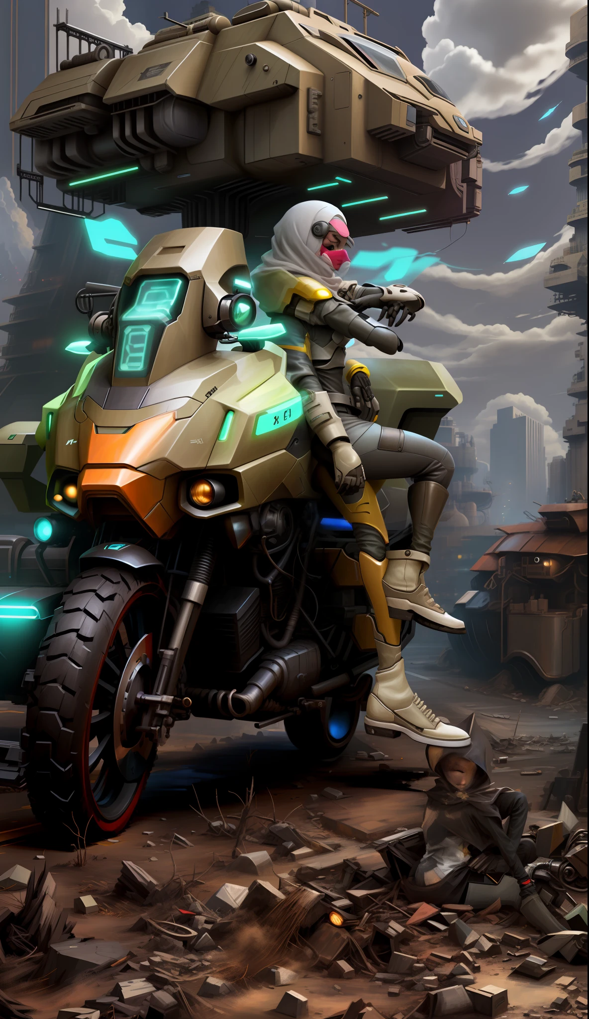 A futuristic motorcycle, on the street of a futuristic city, 1girl, wearing hijab