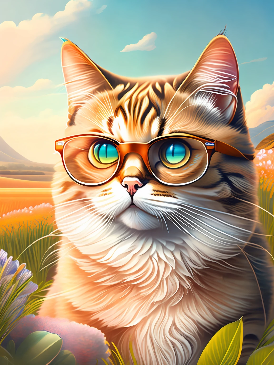 A cat with glasses in a summer landscape, design de camiseta, rzminjourney, arte vetorial