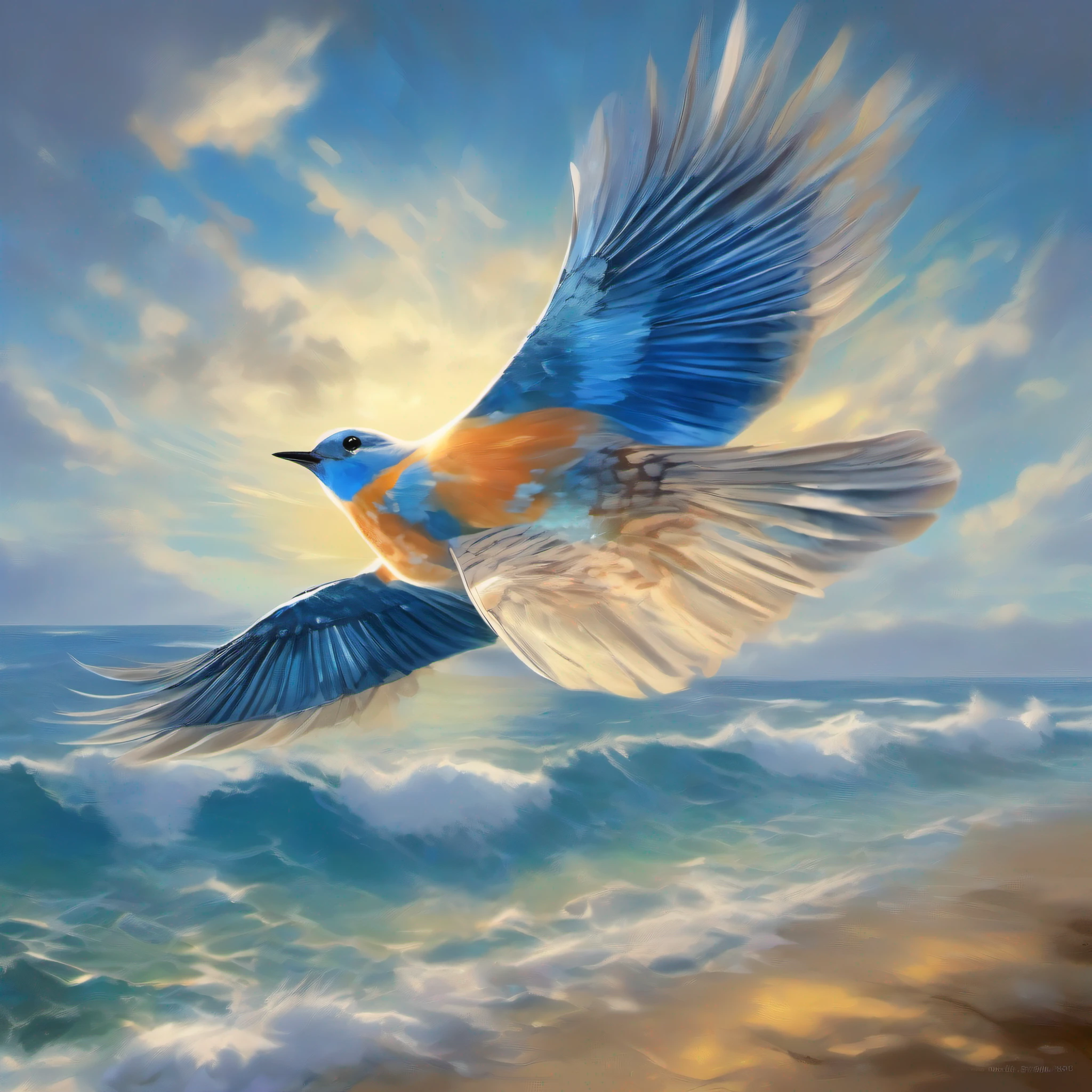 "The majestic 'Blue Bird of the Seas', soaring through the sky, with its vibrant blue feathers glistening in the sunlight, surrounded by fluffy white clouds and a serene ocean below."