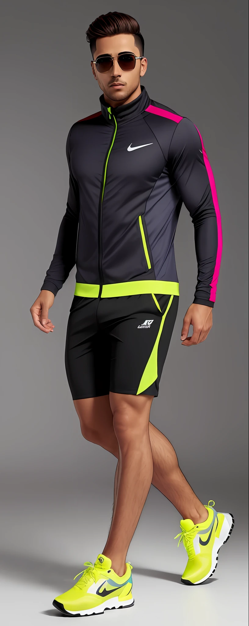 A man in a jacket and shorts is walking, roupas esportivas, roupas esportivas, de bermuda, material reflexivo, Fato de ciclismo Nike, sport shorts, athletic shorts, Ad image, Salomon, jaqueta esportiva, Foto de perfil, estilo esportivo profissional, shorts cinza e meias pretas, tennis wear, em um fundo escuro, usando equipamento de fitness, com detalhes coloridos fluo