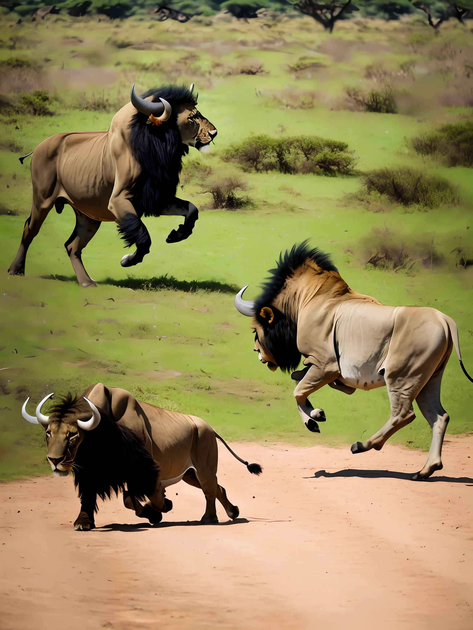 photo of an african buffalo attacking and goring a lion, launching the lion to heights, african savannah, realistic image