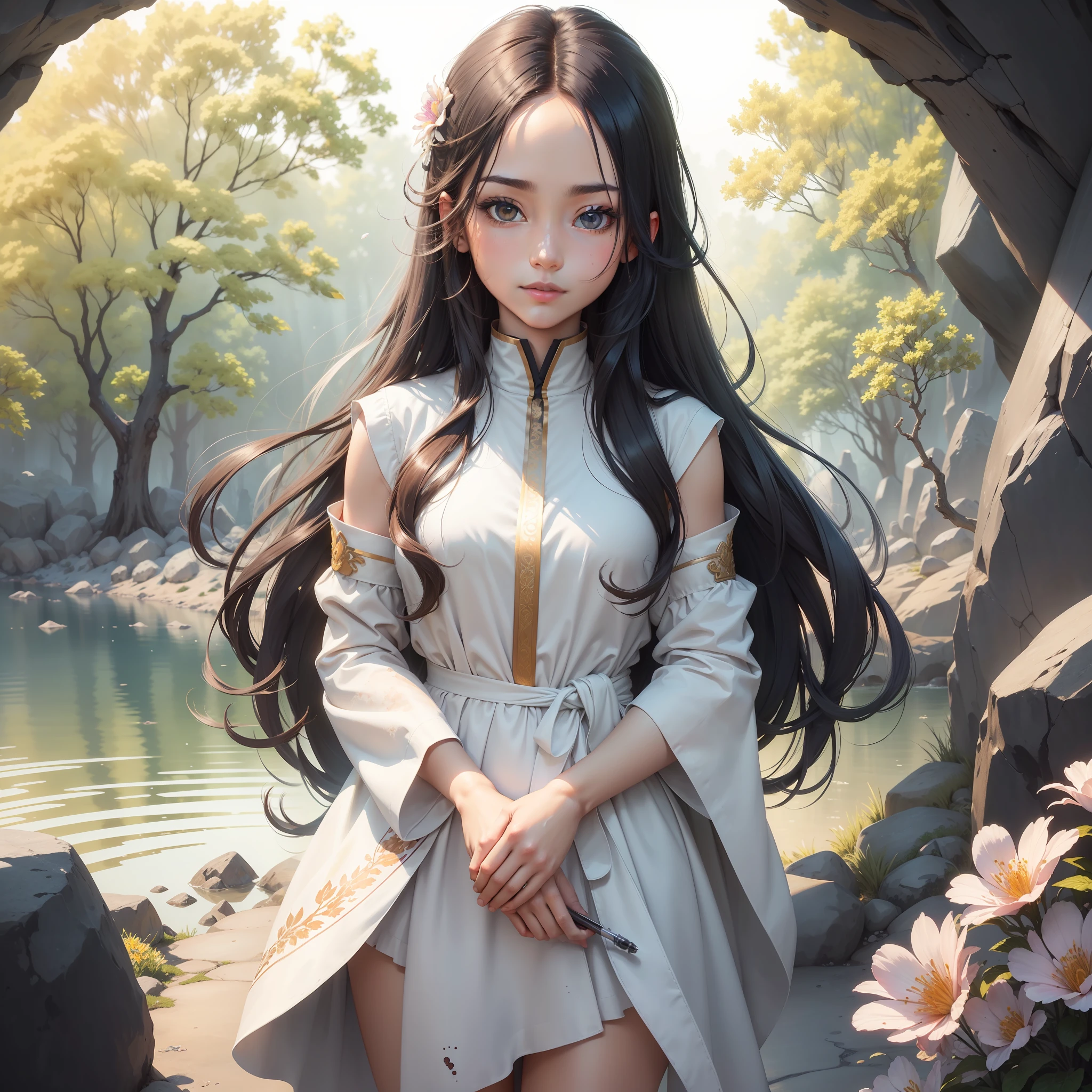Sji,(Upper body: 1.5),(White background:1.4), ((tachi-e)), Original,(illustration:1.1),(Best quality),(Masterpiece:1.1),(Extremely detailed Cg Unity 8K wallpaper:1.1), (Colorful:0.9),(panoramicshooting:1.4),(full bodyesbian:1.05),(Solo:1.2), (ink spatter),(Color splattering),((aquarelle)), sharp and clear focus,1girl standing,(Flowers,woods),Outdoors,Rocks, view the viewer, make happy expressions,Soft smile,Pure,BeautyFull detailed face and eyes,Long hair,Very long hair,Soft face,Forehead