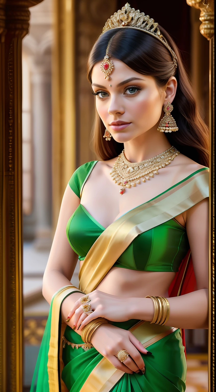 "Stunning portrait of   actress Mackenzie Mace, an enchanting actress, in a cozy and intimate queen attire. She stands gracefully in a regal palace, exuding the aura of an Indian princess.she wear saree. The scene captures the essence of royalty and nobility, with a touch of intrigue and elegance."