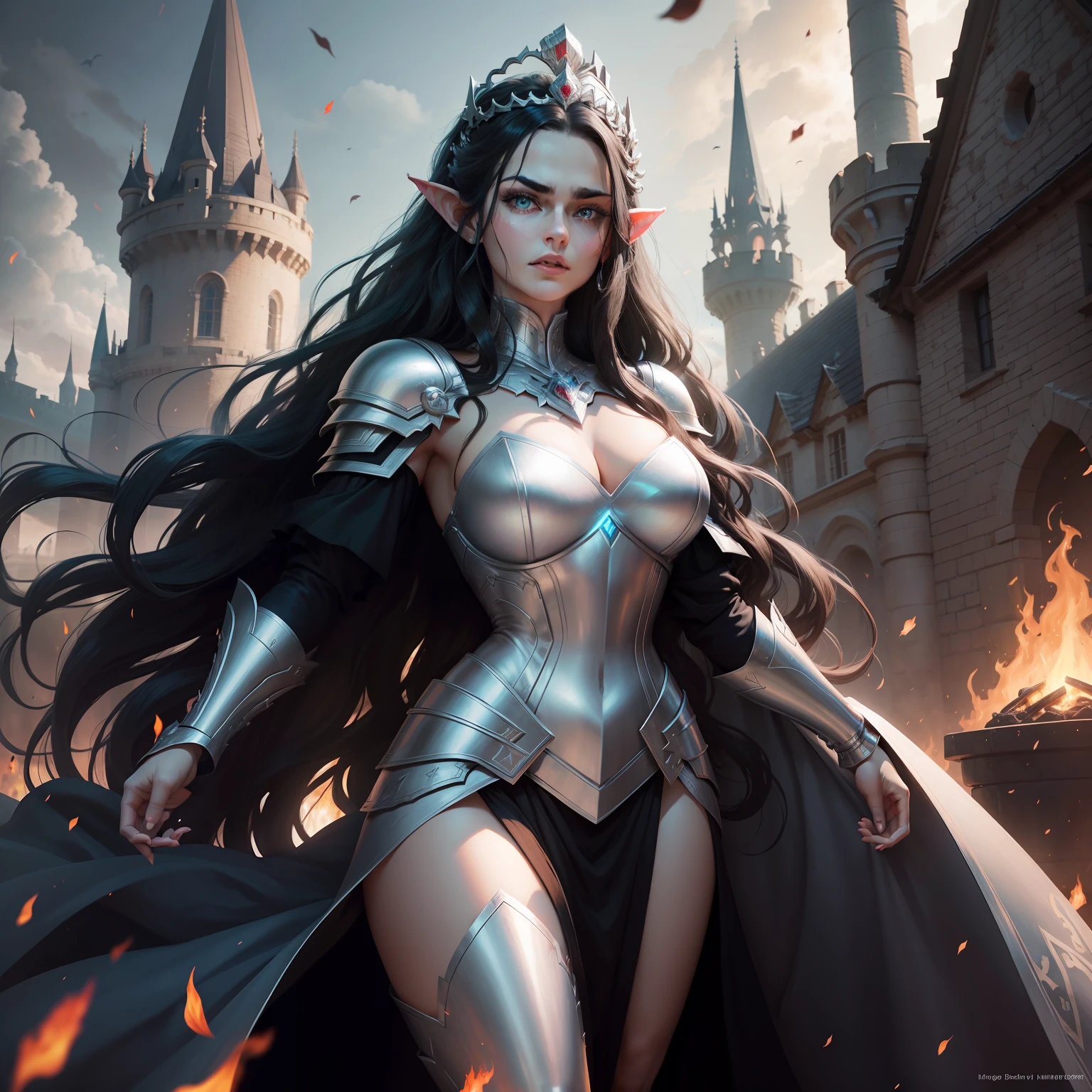 Powerful woman, full body, fire in hand, black hair, long wavy hair, blue eyes, chaos, full silver armor, silver tiara crown on head, serious gaze, glowing eyes, slightly open mouth, red lips, castle background, white skin , pointy ears, fae