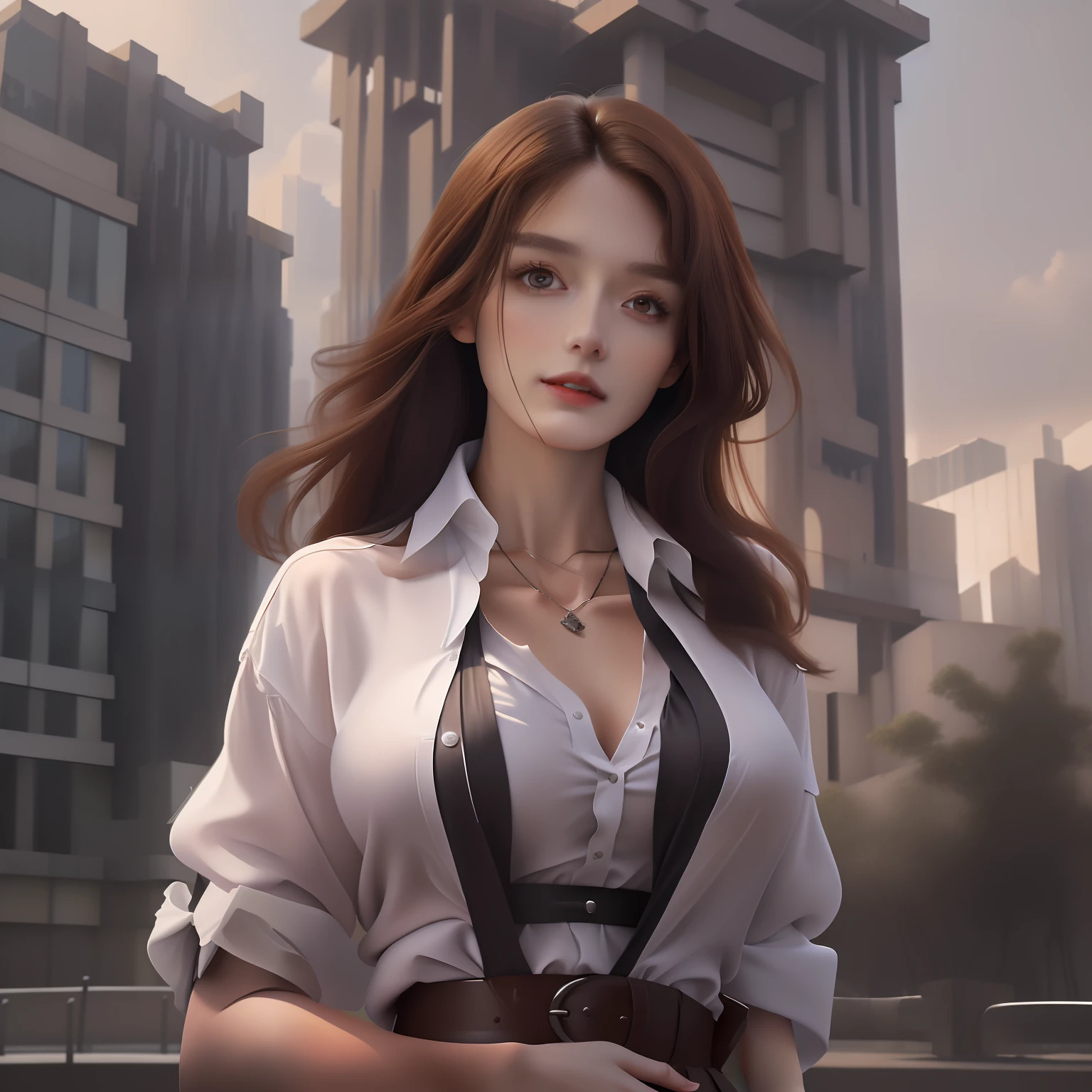 (Best quality, High resolution, Masterpiece :1.3), A tall and pretty woman, Slender abs, Dark brown hair styled in loose waves, Breasts, Wearing pendant, White button up shirt, Belt, Black skirt, (Modern architecture in background), Details exquisitely rendered in the face and skin texture, Detailed eyes, Double eyelid