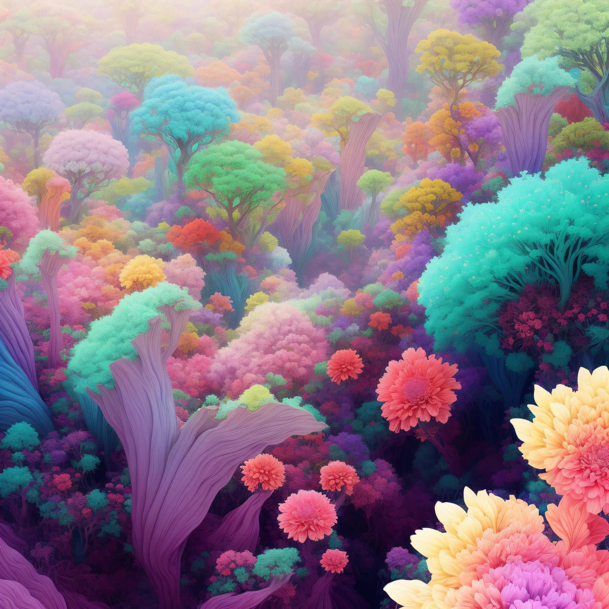 flores e plantas de cores vivas em um campo de verde e roxo, psychedelic vegetation, colorful alien flora, magical colorful flowers, mandelbulbo floral fantasioso, psychedelic flowers and trees, fantasy magical vegetation, psychedelic floral planets, whimsical and psychedelic, mandelbrot flowers and trees, Campo de flores de fantasia, Arte digital altamente detalhada em 4k, ambiente floral, Fractal dreamscape