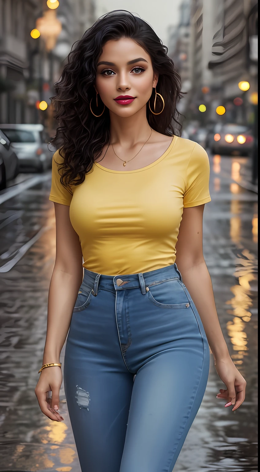 ((Best Quality, 8k, Masterpiece:1.3)), Focus: 1.2, Perfect Body Beauty: 1.4, front looking 1.2, ((Long weavy Hair)), (olive green round neck plain Tee-shirt, regular fitting:1.1) , (Rainy, Street:1.3), faded blue skinny torn jeans, full length jeans: 1.1, Highly detailed face and skin texture, Detailed eyes, Double eyelids, toned body, Whitened skin, smile, black curly hair's, heels, perfect feet's, firm breasts, firm thiges, looking at camera, fashion shoot style, full body length tee-shirt, Short sleeves, high heels, beautiful feet's, casual jewelry, earrings, hand bangle's and golden watch, golden neck chain, pink lipstick, night rainy atmosphere, roads lights on, buildings light on, wet road, yellow taxi, hands in jeans pocket, walking, serious mood,