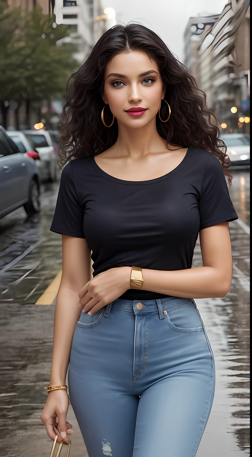 ((Best Quality, 8k, Masterpiece:1.3)), Focus: 1.2, Perfect Body Beauty: 1.4, front looking 1.2, ((Long weavy Hair)), (olive green round neck plain Tee-shirt, regular fitting:1.1) , (Rainy, Street:1.3), faded blue skinny torn jeans, full length jeans: 1.1, Highly detailed face and skin texture, Detailed eyes, Double eyelids, toned body, Whitened skin, smile, black curly hair's, heels, perfect feet's, firm breasts, firm thiges, looking at camera, fashion shoot style, full body length tee-shirt, Short sleeves, high heels, beautiful feet's, casual jewelry, earrings, hand bangle's and golden watch, golden neck chain, pink lipstick, night rainy atmosphere, roads lights on, buildings light on, wet road, yellow taxi, hands in jeans pocket, walking, serious mood,