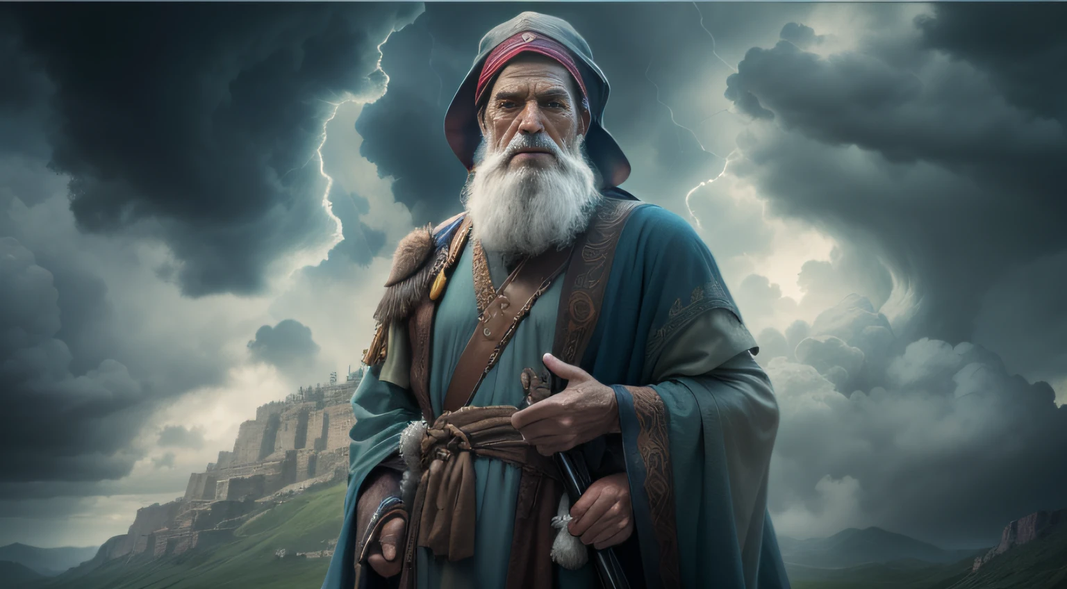 Velho de barba, with a stormy sky in the background. Visionary man, philosopher, sage or prophet. tunic and vel over the head, cinematographic effect. Criado com a tecnologia Generative AI.