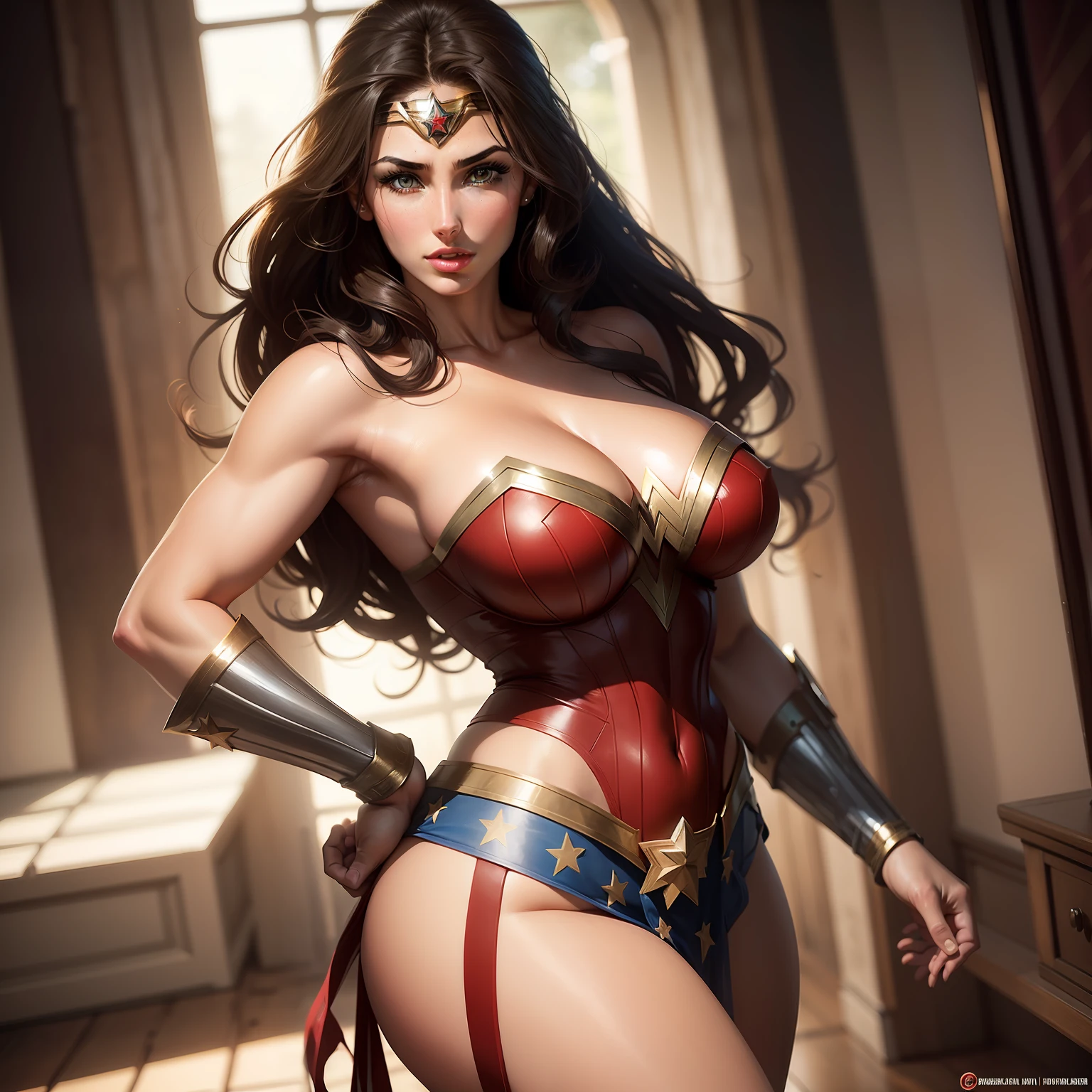 1 beautiful woman, dressed as sexy wonder woman, nice body, beautiful hair, sexy look, looks like model Lucy Pinder