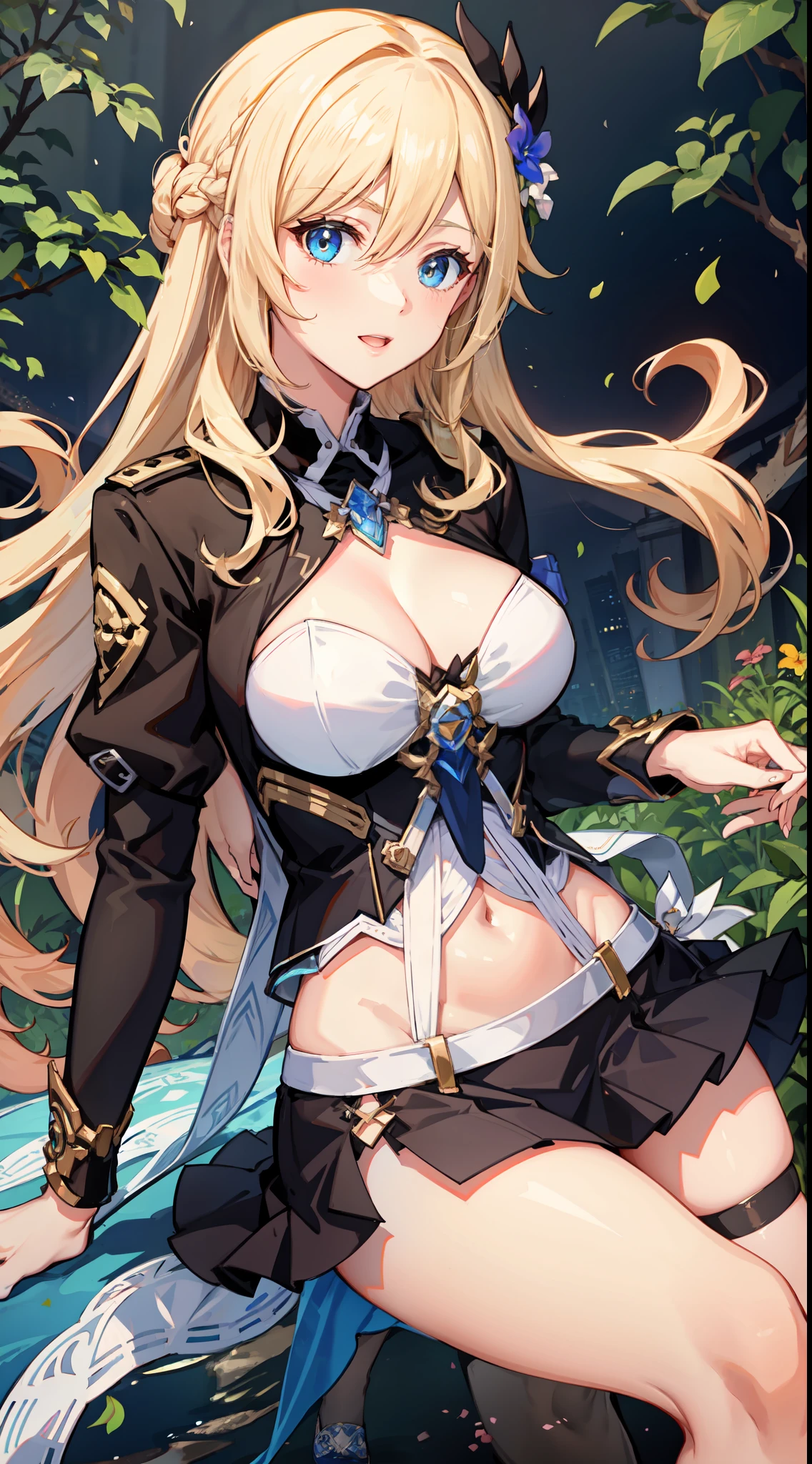 slim legs, cleavage, short skirt, navel, blue eyes, thigh high socks, stand, blonde hair, long hair, short skirt, durandal, happy, bride, garden