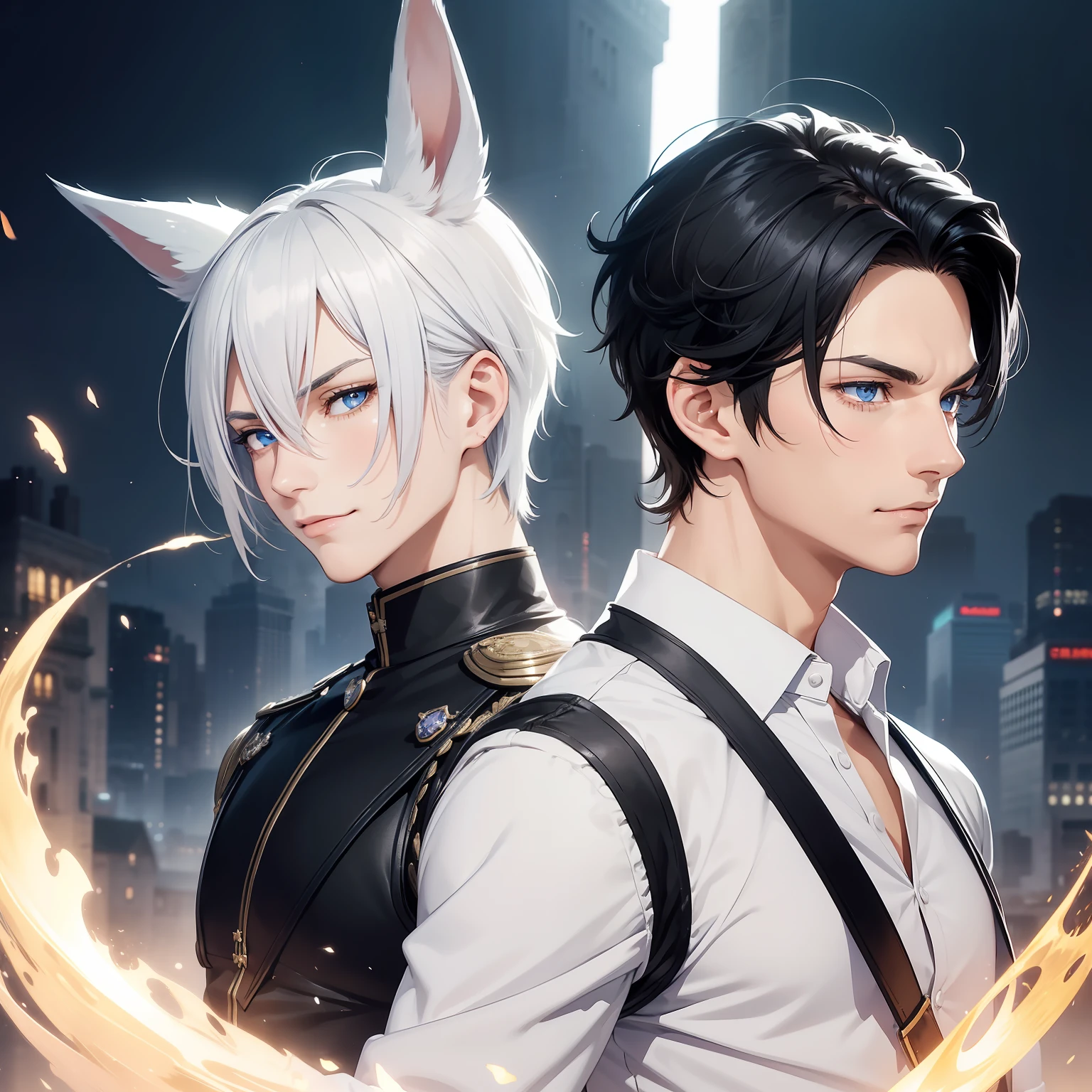 (Two man are lovers) , a man with short black hair and a man with silver hair and rabbit ears,blue eyes Fantasy, anime tone, deformed, highest image quality, high definition, highest quality, 8K, watercolor, detailed details, precise background, too much decoration ,Male,15 years old, Tall, toned waist , impressive eyes, long eyelashes, masculine beauty , smirk, delicate beauty Two man are lovers , a man with (short black hair++) and a man with silver hair and rabbit ears,blue eyes shirt
castle, king crown very smile
Magic, combat, swords, magic circles, back-to-back trust Catching snakes in the river, eels, eels, conger eels, giant fish