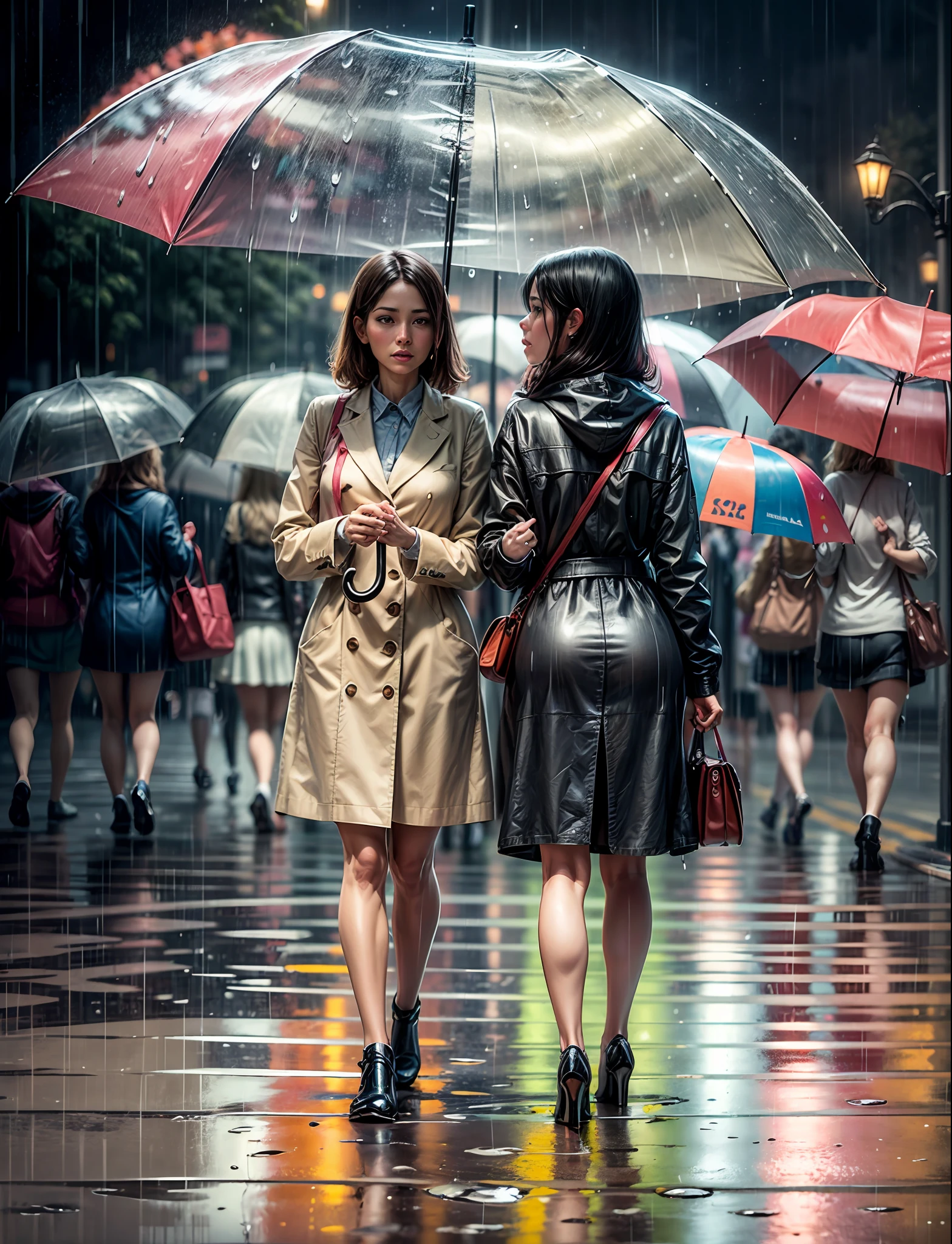 painting of two women standing next to a bench with an umbrella, people with umbrellas, under rain, in style of digital painting, standing with a parasol, on the sidewalk, umbrellas, drawn with photoshop, in style of digital art, inspired by Bruce Gilden, inspiring art, in the rain, holding umbrella, after rain and  girls, on the street