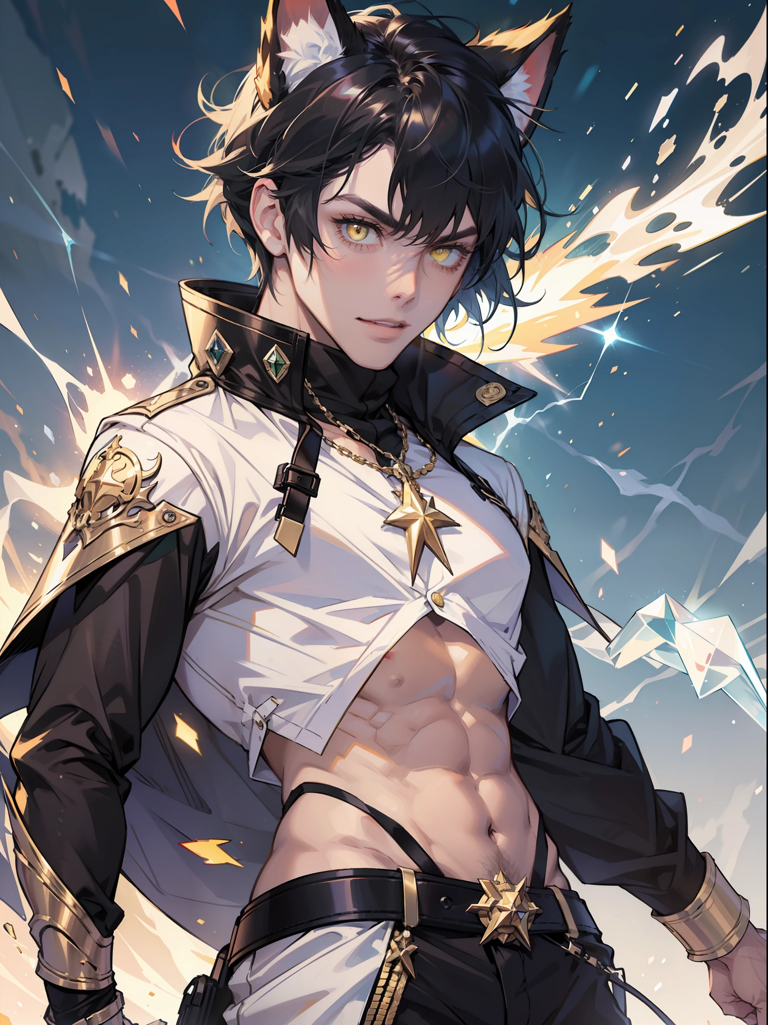 1boy, a guy with animal ears, sporting green bangs, and captivating yellow eyes with slit pupils. Embodying the essence of a mischievous demon with a touch of light. official art, masterpiece, sharp focus,realistic, ultra detailed, low white particle, (sidelighting:1.2), sun light, electric, lightning, the demon's power is light, his outfit consists mainly of white garments and golden accessories with thunderbolt symbols,crystallineAI, cowboy shot, thunder, belts