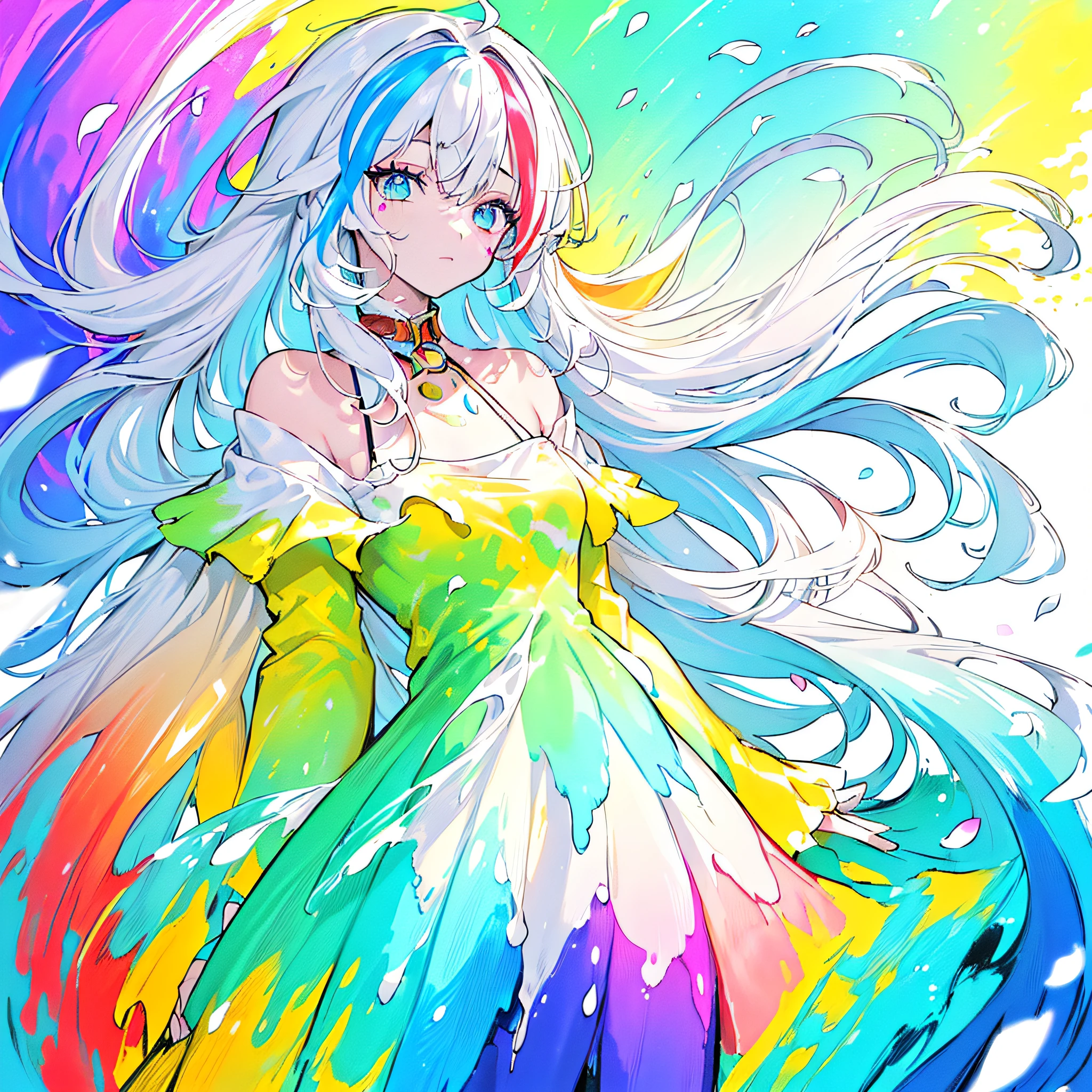 (Pink Fashion T-shirt:1.9),(Colorful hair: 1.8), (all the colours of the rainbow: 1.8),(((((vertical painting:1.6))), (painting:1.6),front, comics, illustrations, paintings, large eyes, crystal clear eyes,( rainbow color gradient high ponytail:1.7), exquisite makeup, closed mouth,(Small Fresh: 1.5),(Wipe Chest: 1.6) ,long eyelashes, white off shoulder T-shirt, White Shoulder Shirt,looking at the audience, large watery eyes, (rainbow colored hair:1.6), color splash, (solo:1.8), color splash, color explosion, thick paint style, messy lines, ((shining)),(colorful), (colorful), (colorful), colorful, Thick Paint Style, (Splash) (Color Splash), Vertical Painting, Upper Body, Paint Splash, Acrylic Pigment, Gradient, Paint, Highest Image Quality, Highest Quality, Masterpiece, Solo, Depth of Field, Face Paint, colorful clothes, (Elegant: 1.2), gorgeous,long hair, wind, (Elegant: 1.3), (Petals: 1.4),(((masterpiece))),(((best quality))),((ultra-detailed)),(illustration),(dynamic angle),((floating)),(paint),((disheveled hair)),(solo),(1girl) , (((detailed anima face))),((beautiful detailed face)),collar,bare shoulders,white hair, ((colorful hair)),((streaked hair)),beautiful detailed eyes,(Gradient color eyes),(((colorful eyes))),(((colorful background))),(((high saturation))),(((surrounded by colorful splashes))),